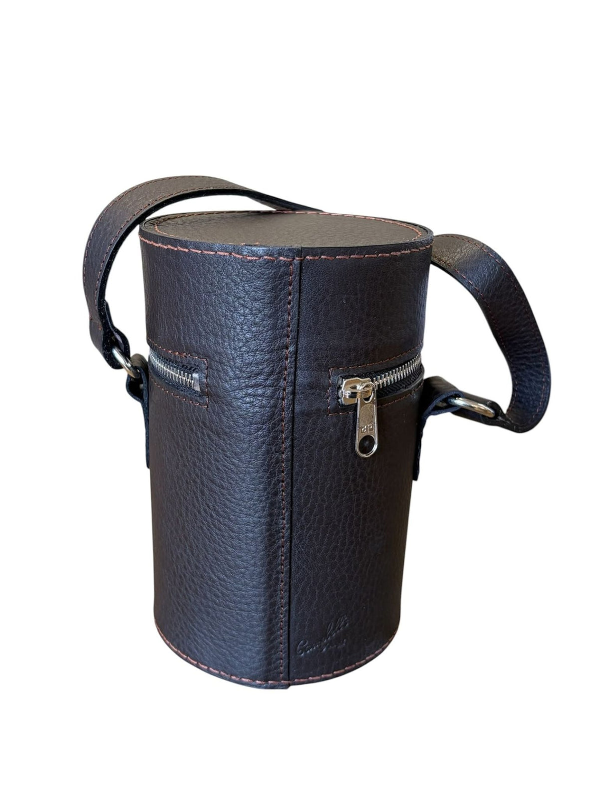 A cylindrical dark brown leather bag with a handle, visible stitching, and two small zippered pockets on the front—perfect for carrying your Campbell’s of Beauly Triple Flask Set during country pursuits or any adventure suited to the outdoor enthusiast.