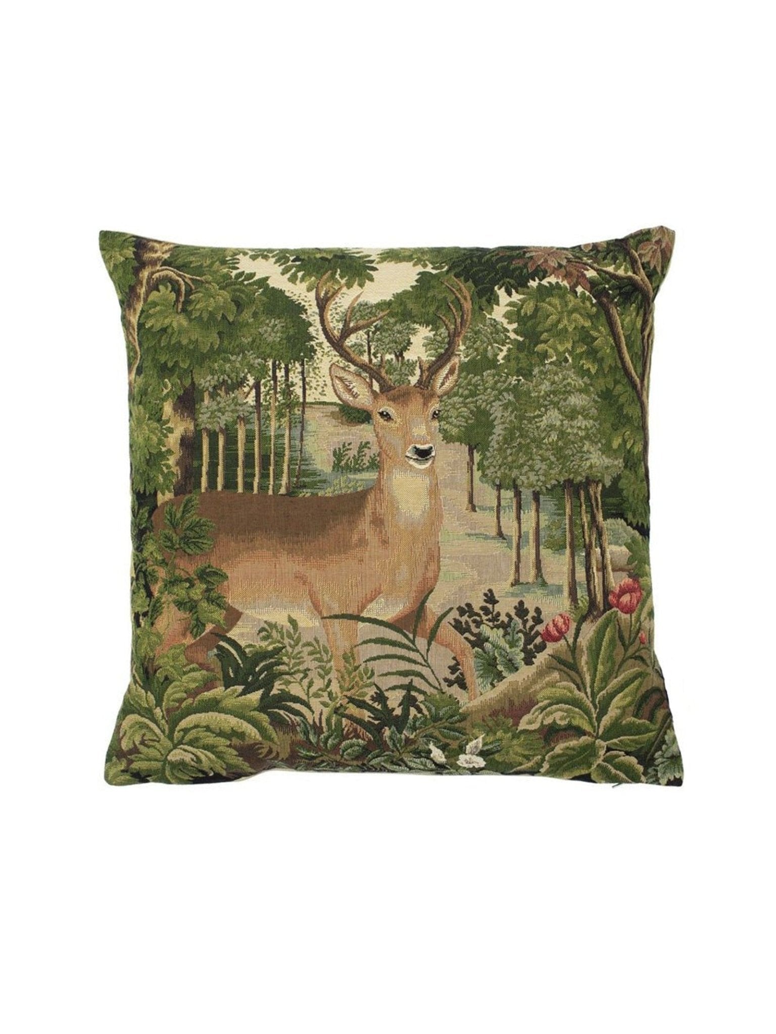 Introducing the Campbell’s of Beauly Woodland Doe Cushion Cover—a decorative needlework cushion cover featuring a tapestry design of a woodland doe amidst a lush, green forest with trees, plants, and flowers in the background. Perfect for adding charm and elegance to your home decor.