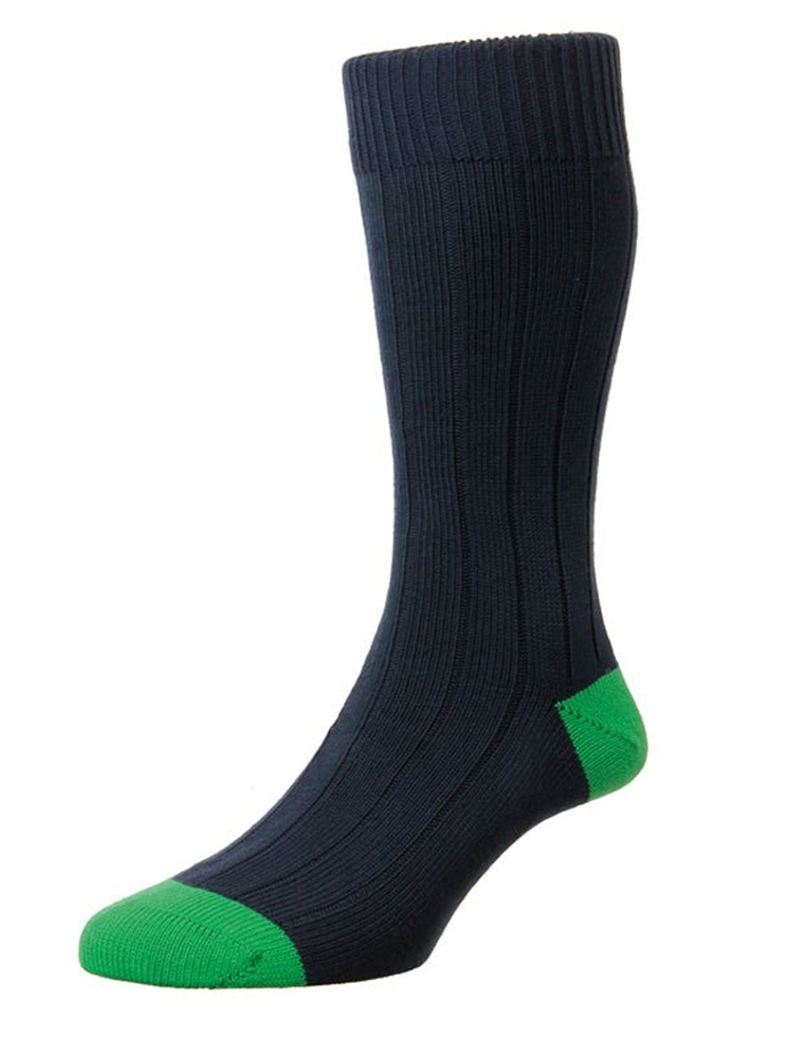 A single dark blue ribbed cotton sock with a green toe and heel, made in the UK and perfect for everyday socks style, displayed against a white background.