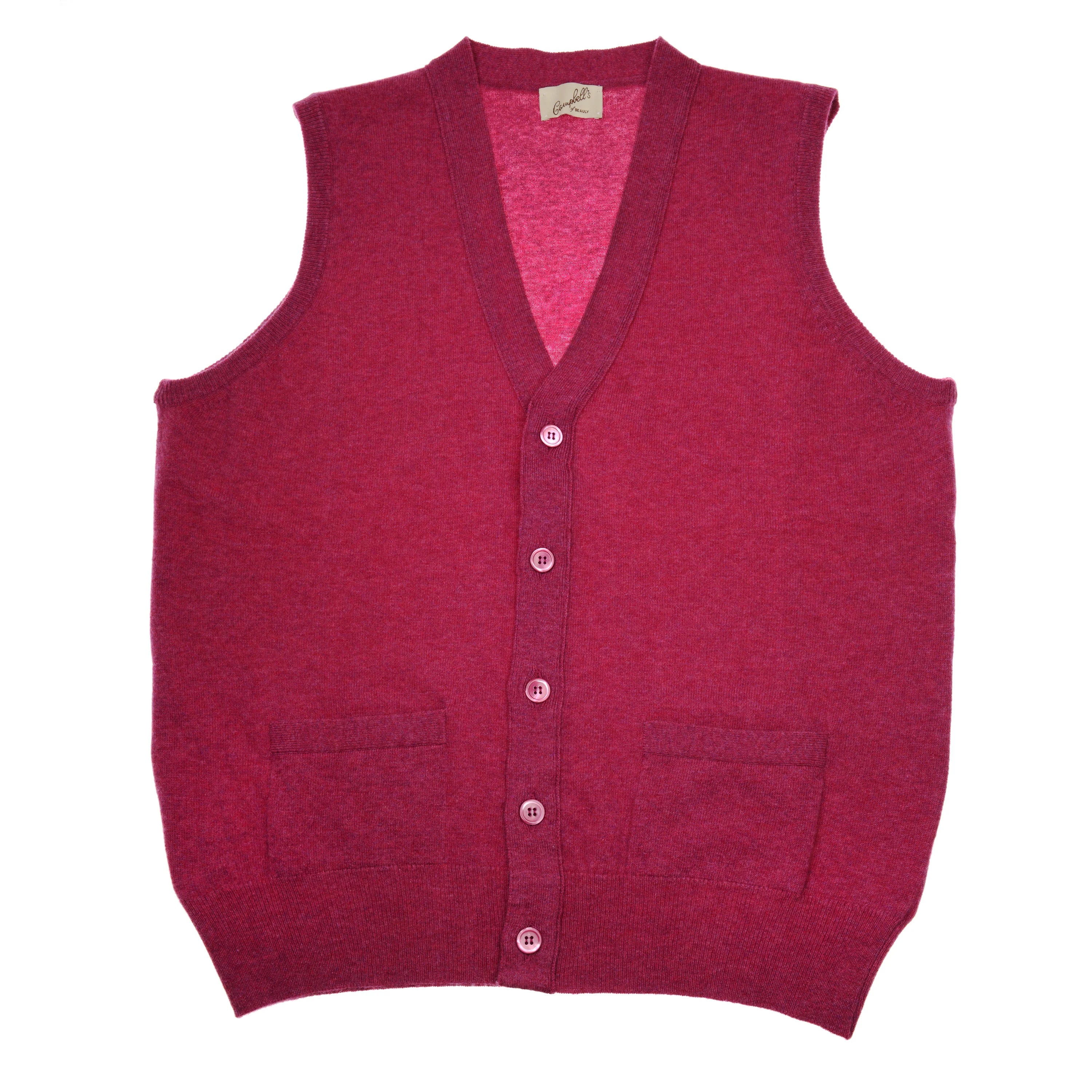 The Geelong Lambswool Button Waistcoat by Campbell's of Beauly is a sleeveless, button-up vest in Loganberry with two front pockets—an essential for any country wardrobe—shown flat on a white background.