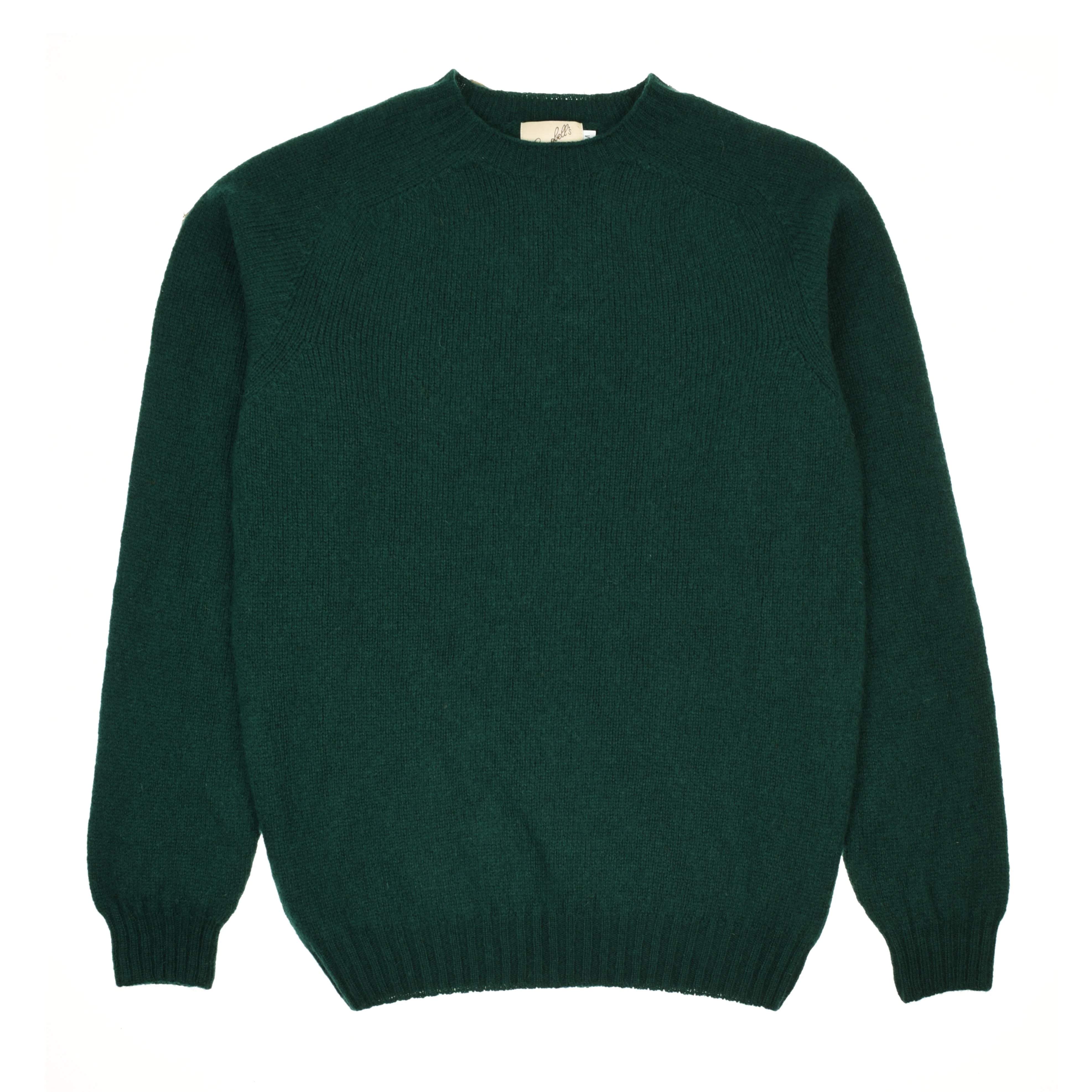 A Campbell's of Beauly Shetland Jumper in Racing Green, made from Shetland wool, with long sleeves and a crewneck, is laid flat on a white background. It features ribbed cuffs, hem, and neckline.