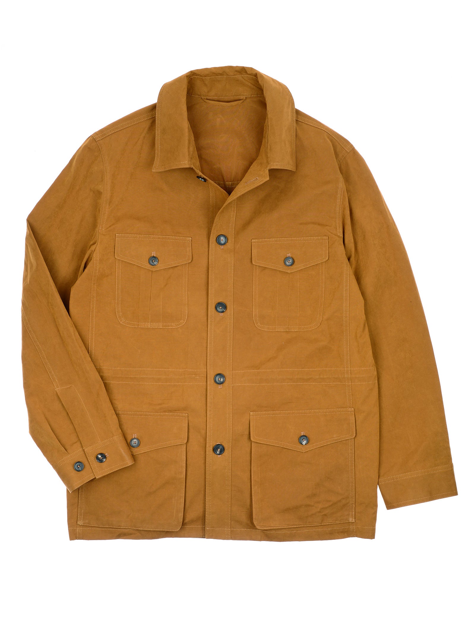 The Aigas Field Jacket by Campbell's of Beauly is a tan Italian field jacket with a collar, button-down front, and four front flap pockets, crafted from peach skin fabric and displayed on a white background.