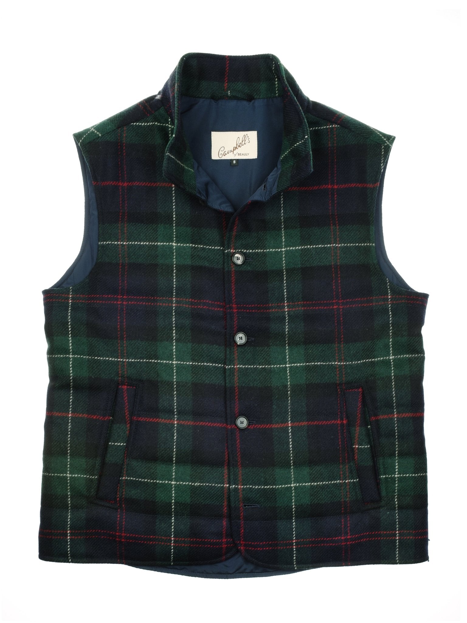 Campbell's of Beauly Auld Stock Quilted Tweed Buttoned Gilet in Robertson Tartan, with a high collar and three front buttons, is shown laid flat. The label is visible inside—perfect for layering, inspired by classic British tweed.