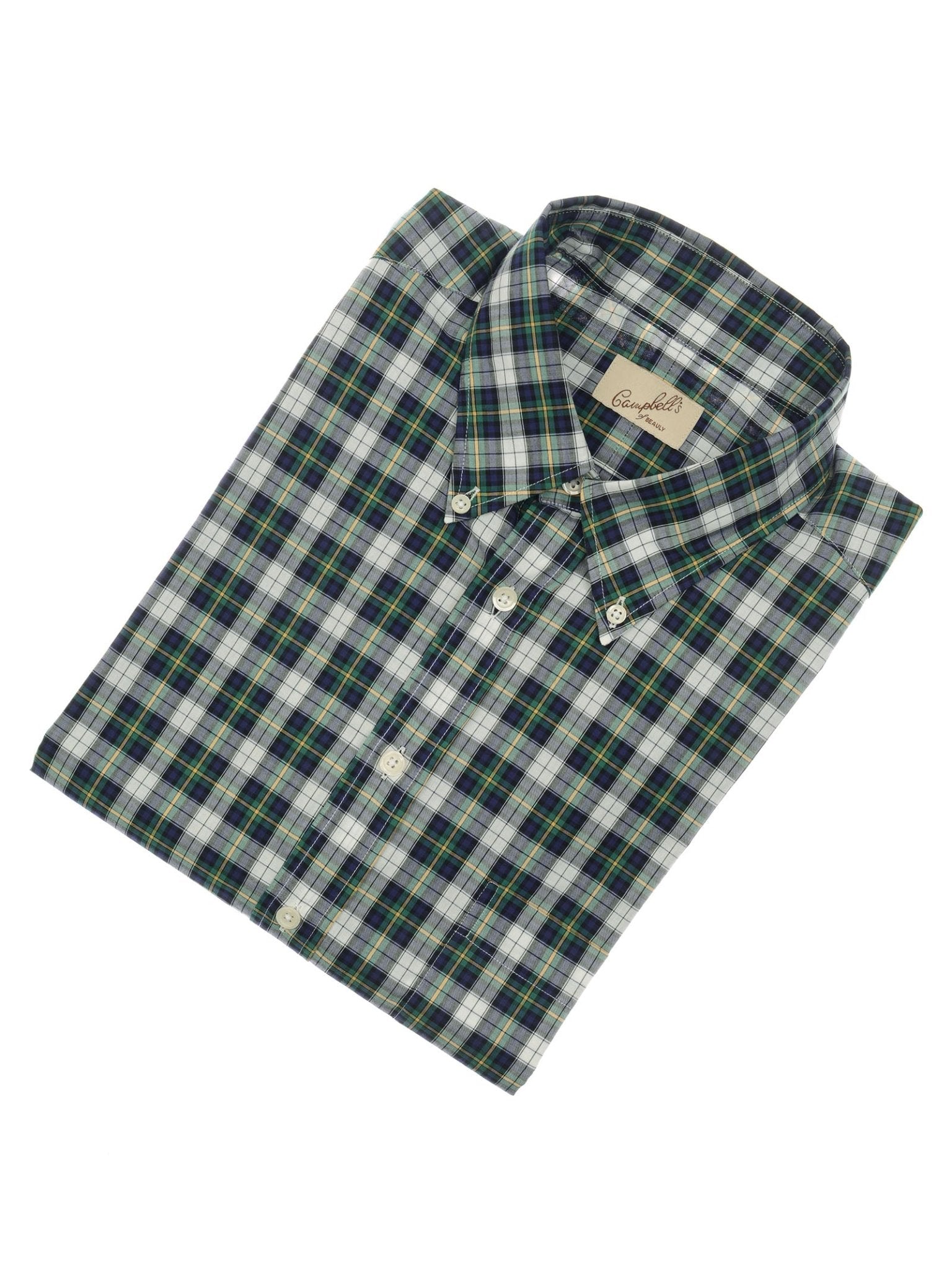 The Campbell's of Beauly Cotton Tartan Button Down Shirt features a green, blue, and white plaid inspired by Dress Gordon tartan, a button-down collar, and an interior collar label. Perfect for summer with its lightweight cotton fabric.