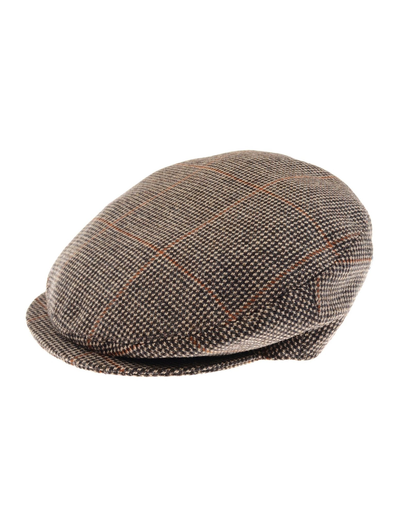 The Unisex Beauly Cap by Campbell's of Beauly in color K523 is a classic British flat cap with a brown tweed checkered pattern, thin orange lines, and a short, stiff brim.