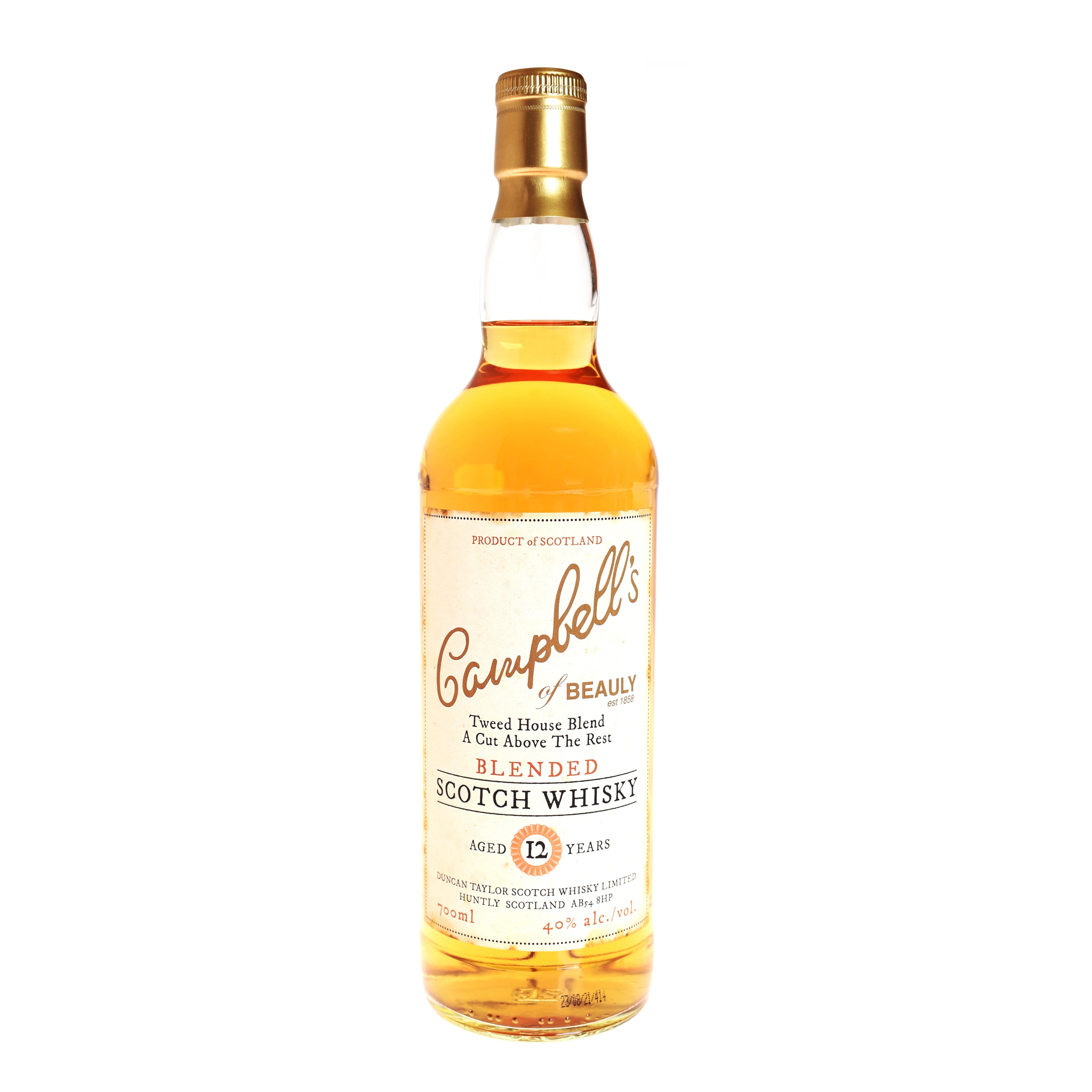 A bottle of Campbell’s Blend Malt Whisky from Campbell’s of Beauly, aged 12 years—a fine Highland whisky—stands upright on a white background, its cream label and gold text reflecting the refined character of this exceptional blended malt.