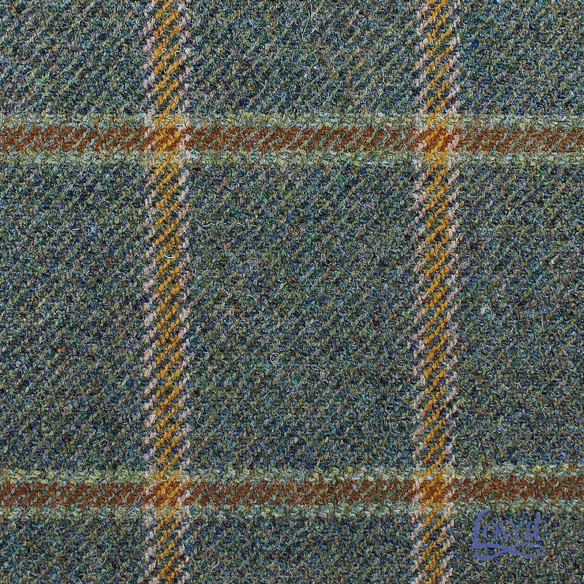 Lovat Mill Estate Tweed 002 heavyweight blue-green estate tweed fabric with a yellow and rust-brown windowpane check pattern.