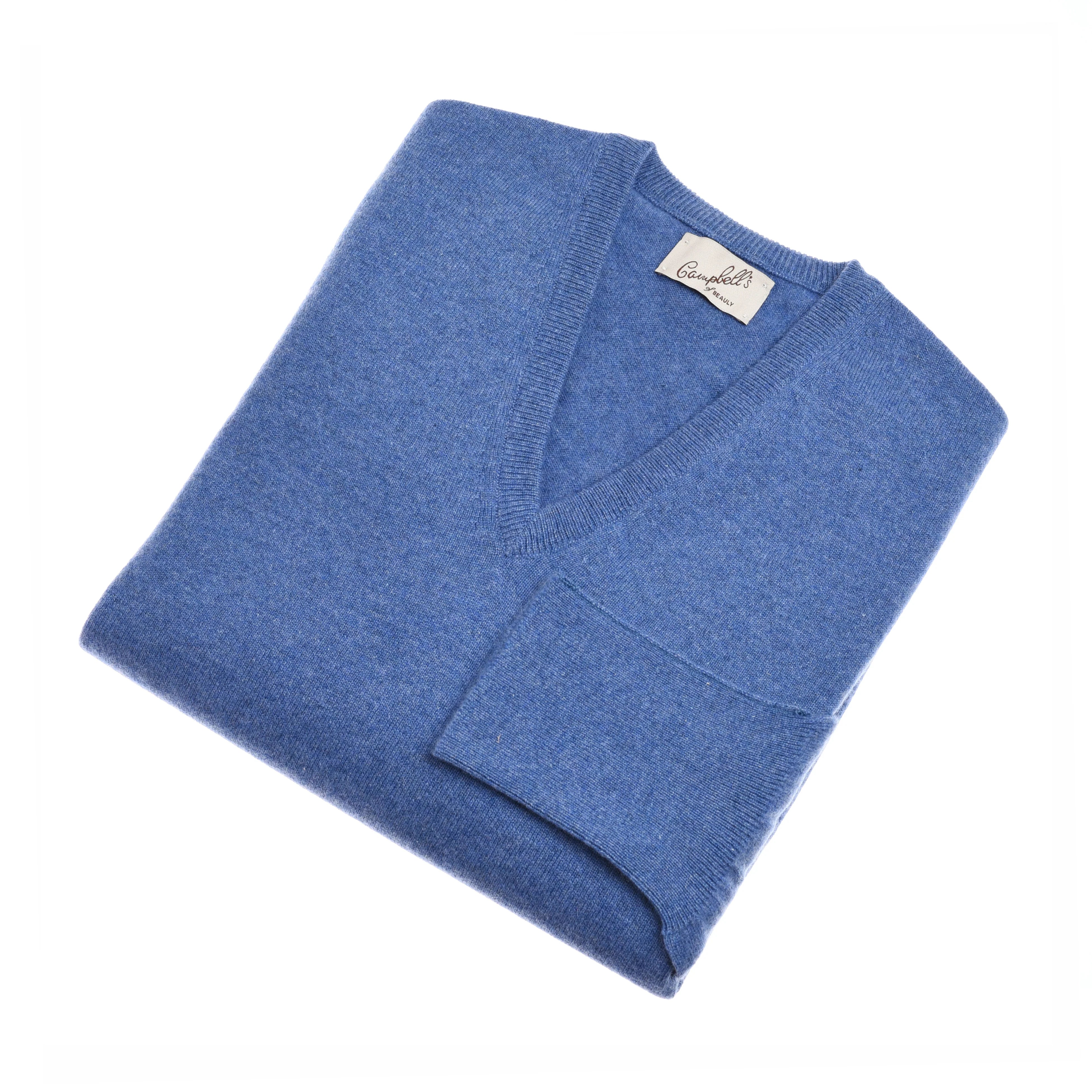 A neatly folded Campbell's of Beauly Cashmere V-Neck Jumper in lapis, with a visible tag, displayed on a white background.