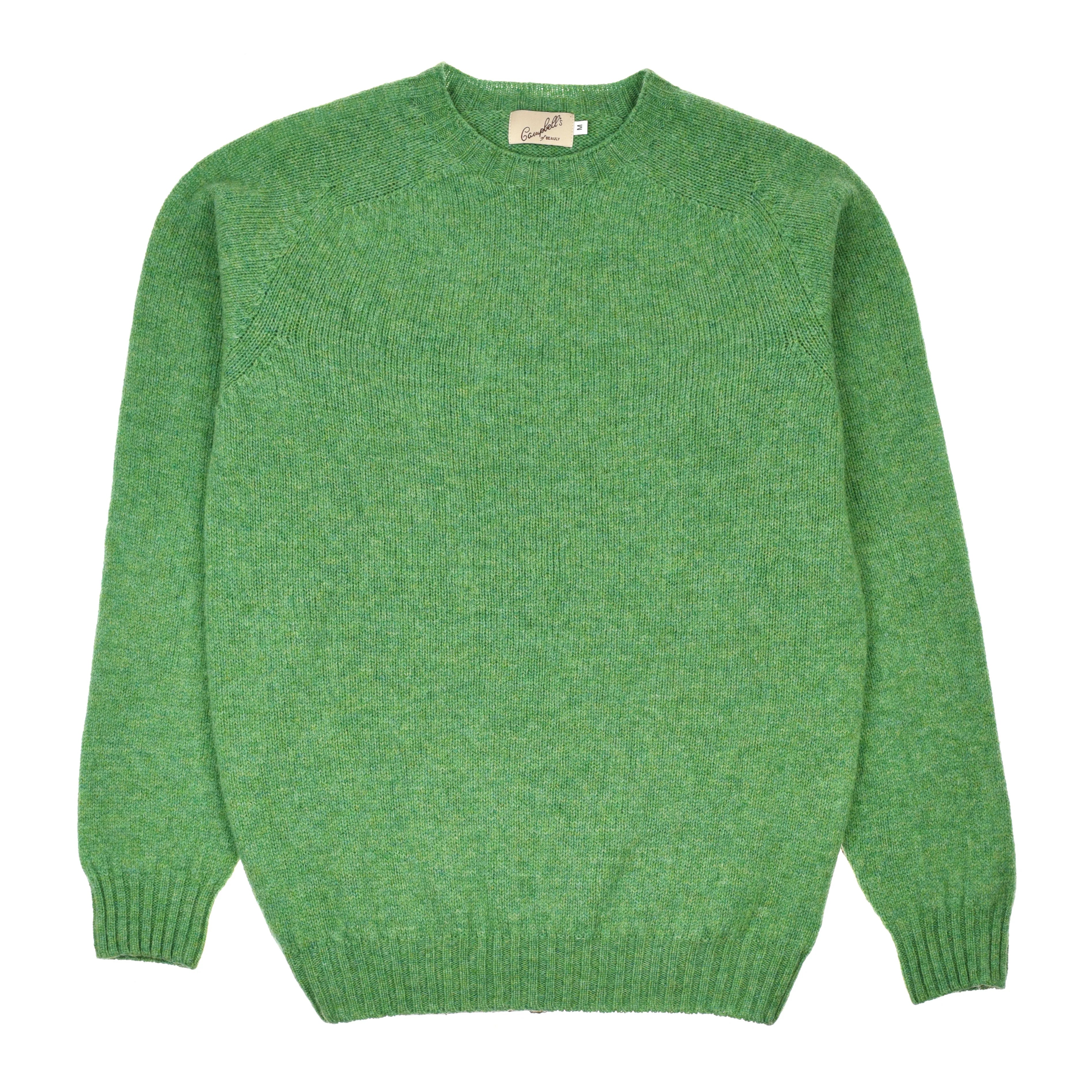 A mint Shetland Jumper by Campbell's of Beauly, featuring a crew neckline and long sleeves, is laid flat on a white background.