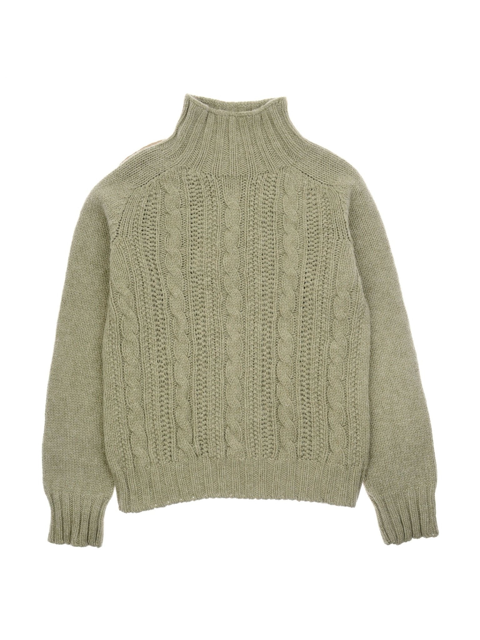 Campbell's of Beauly Cable Roll Neck: light olive green, long-sleeve sweater in supersoft wool with a cable knit front, high ribbed turtleneck, and ribbed cuffs and hem. Expertly knitted in Scotland. Laid flat on white background.
