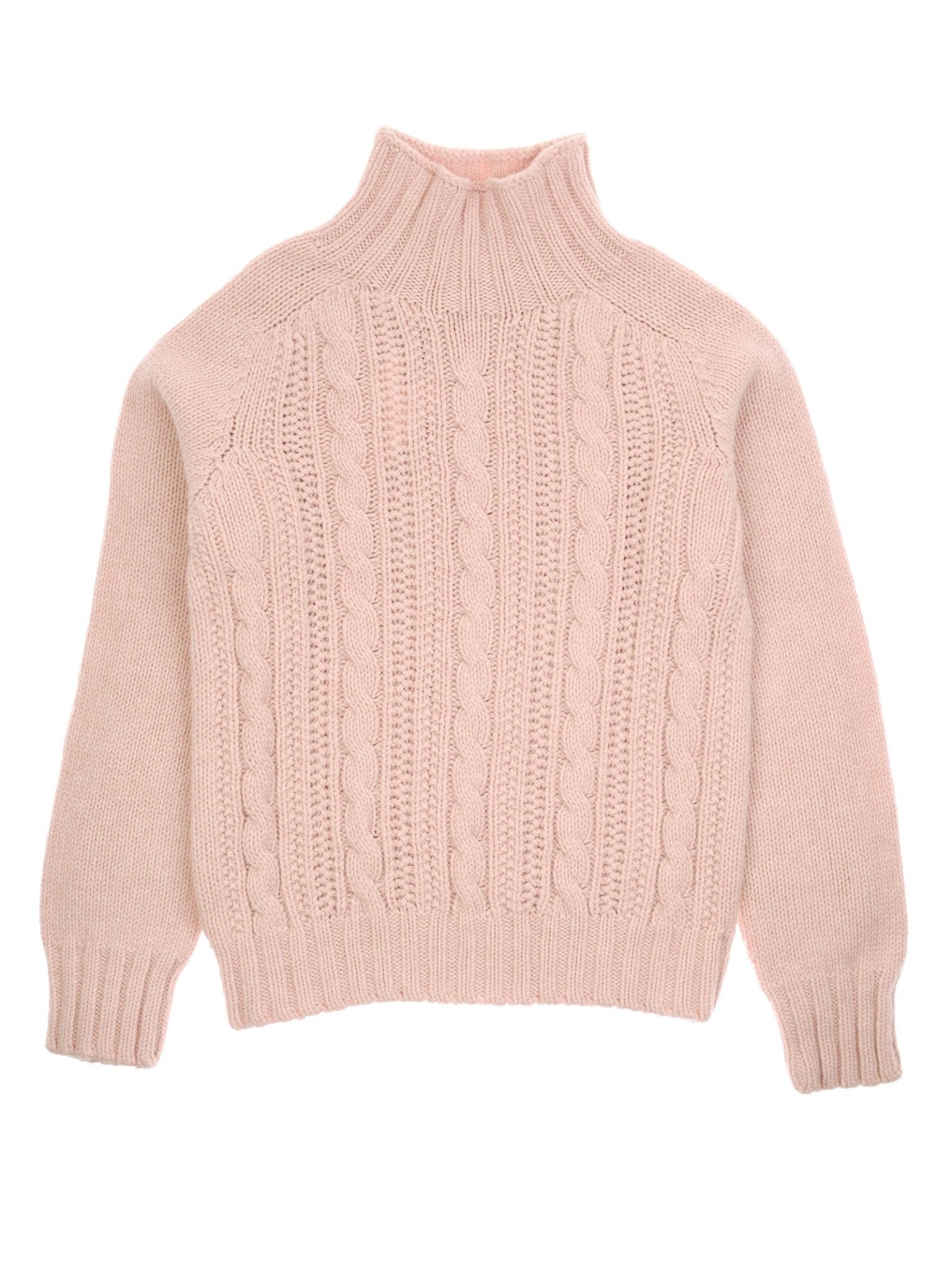 The Campbell's of Beauly Cable Roll Neck is a light pink, long-sleeve, cable knit sweater crafted in Scotland from supersoft wool with a high ribbed neckline plus ribbed cuffs and hem, shown laid flat on a white background.