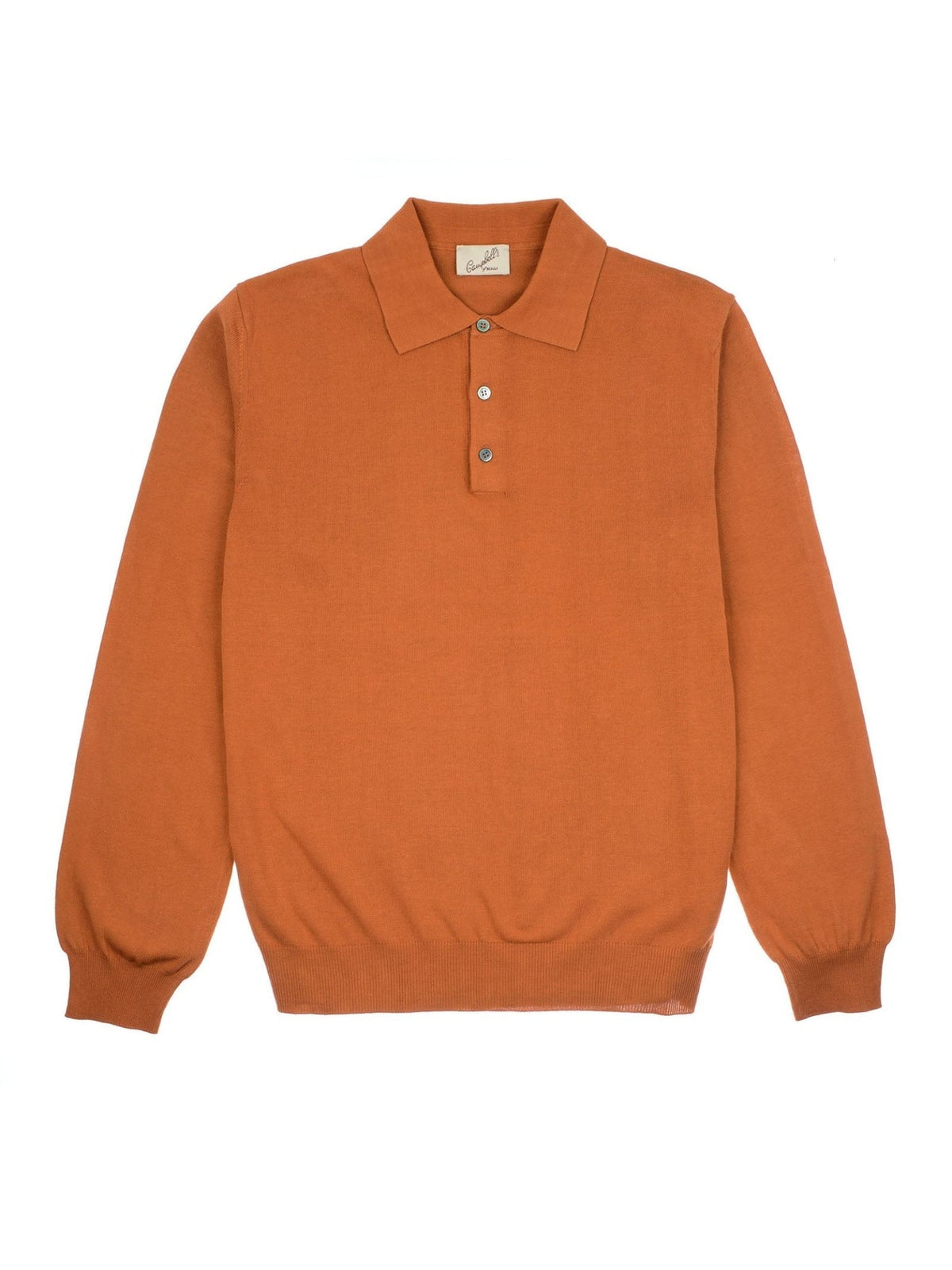 Rust-colored Auld Stock Cotton Rust Rugby long-sleeved polo shirt with a three-button placket and ribbed cuffs.
