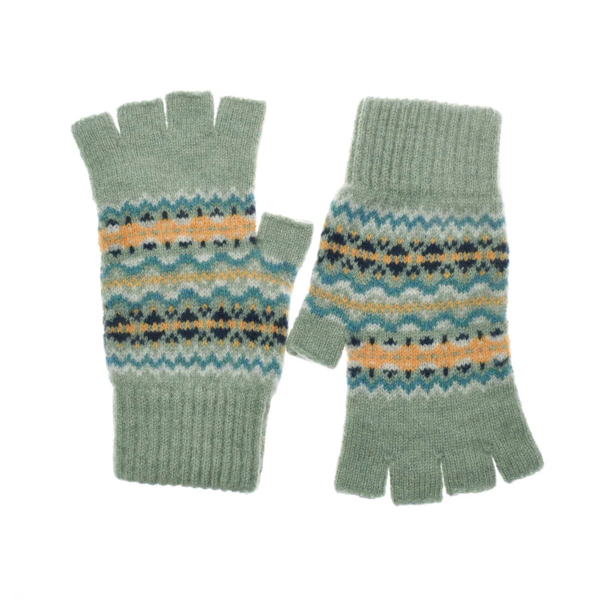 A pair of Auld Stock Fairisle Half-Finger Gloves by Campbell’s of Beauly, crafted from light green lambswool with ribbed cuffs and a colorful Fairisle pattern in yellow, blue, and black across the middle—a classic example of Scottish knitwear tradition.