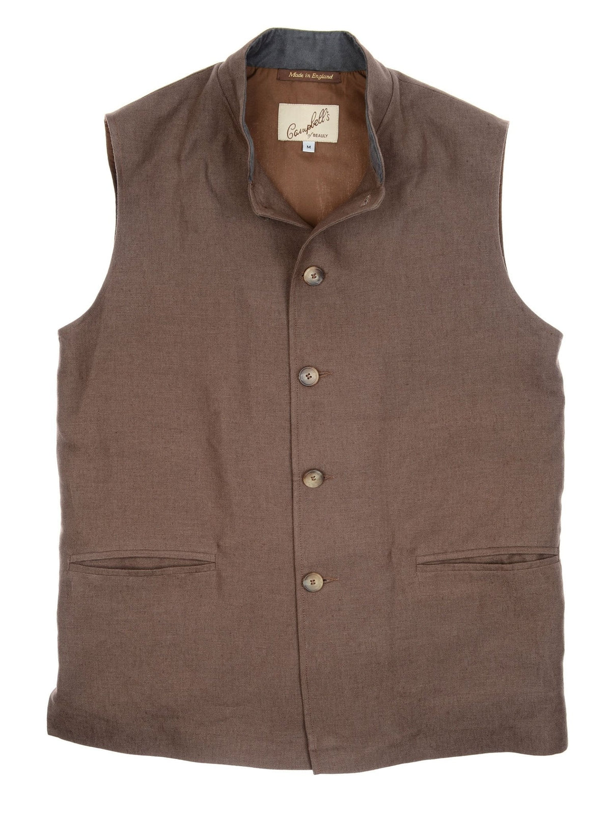 Brown linen Auld Stock Linen Nehru gilet with four buttons and two waist pockets, an ideal summer layer.