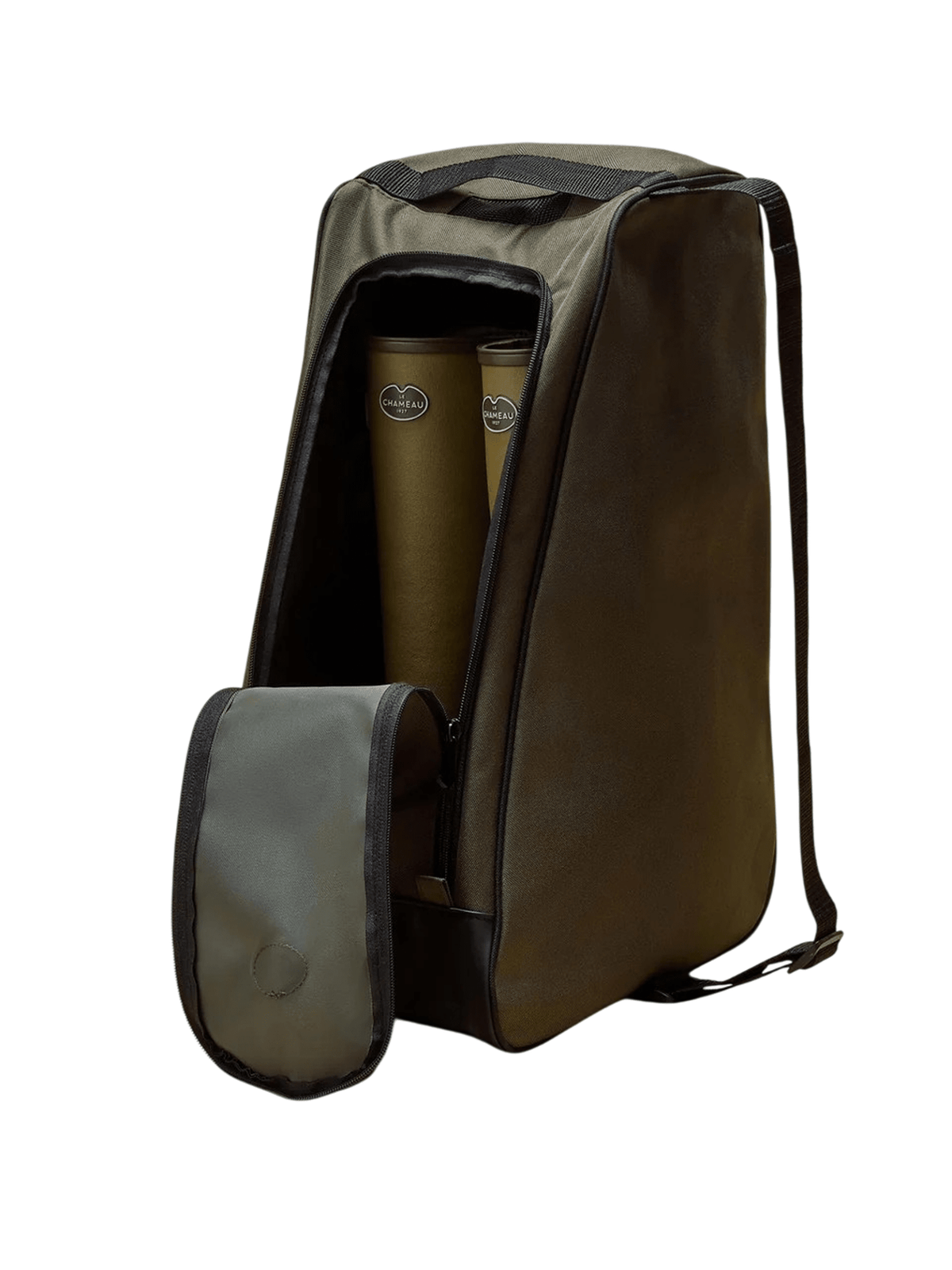 Olive green tall Boot Bag Green by Le Chameau with an open zippered front, containing a pair of Wellington boots.