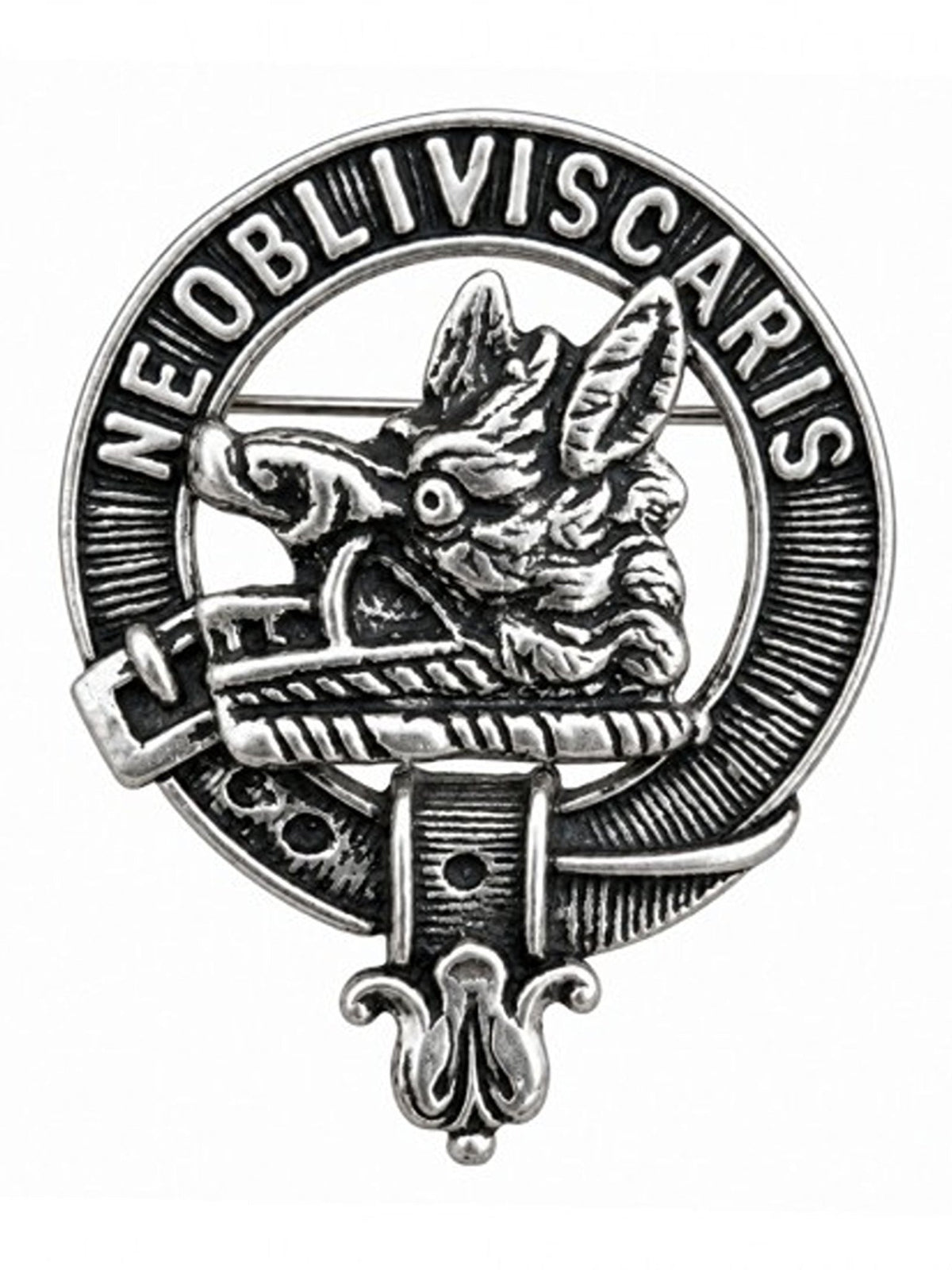 Campbell Clan Badge silver brooch featuring a boar’s head inside a belt design with the motto NE OBLIVISCARIS inscribed along the border, crafted from lead-free pewter.