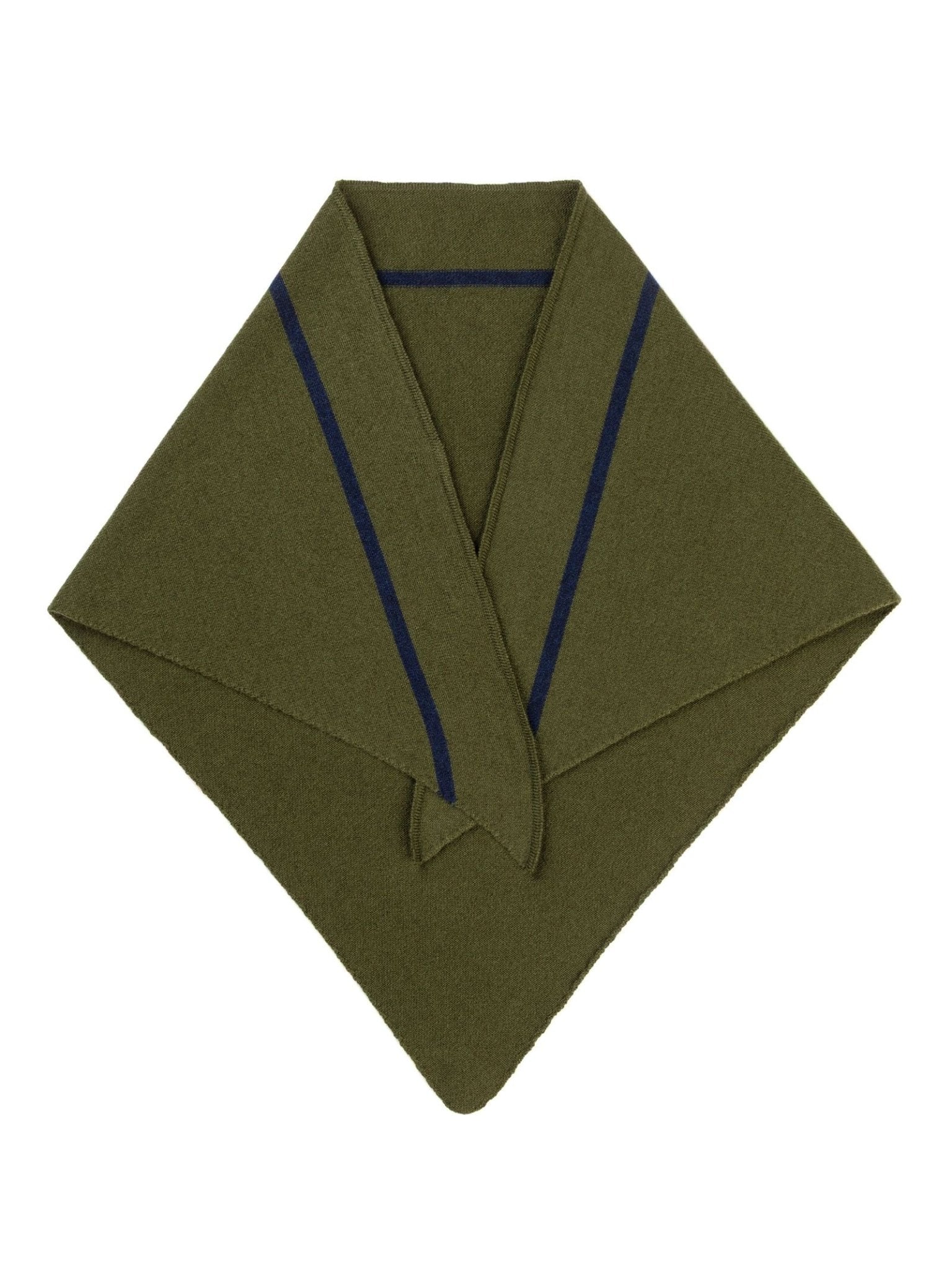 A folded olive green Cashmere Neckerchief by Campbell’s of Beauly, featuring two diagonal navy blue stripes, is displayed flat against a white background, showcasing the refined elegance of luxury neckwear.
