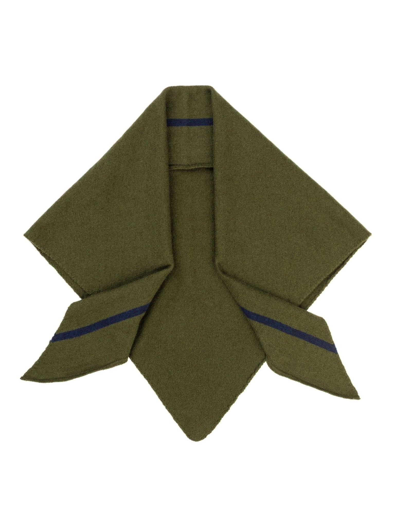 Loden-colored Cashmere Neckerchief by Campbell’s of Beauly, featuring navy blue horizontal stripes near each end and elegantly arranged in a triangular fold on a white background; this lightweight accessory is an ideal piece of luxury neckwear for any refined wardrobe.