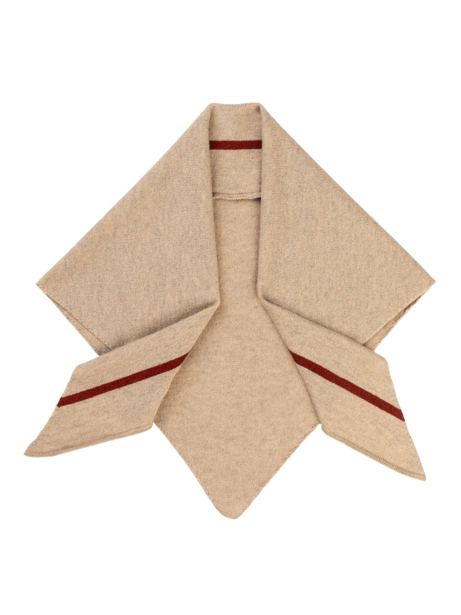 Cereal-colored cashmere neckerchief by Campbell’s of Beauly, featuring a triangular shape and two dark red diagonal stripes near the ends, laid flat on a white background. This lightweight accessory offers understated elegance, making it an ideal choice for those seeking luxurious neckwear.