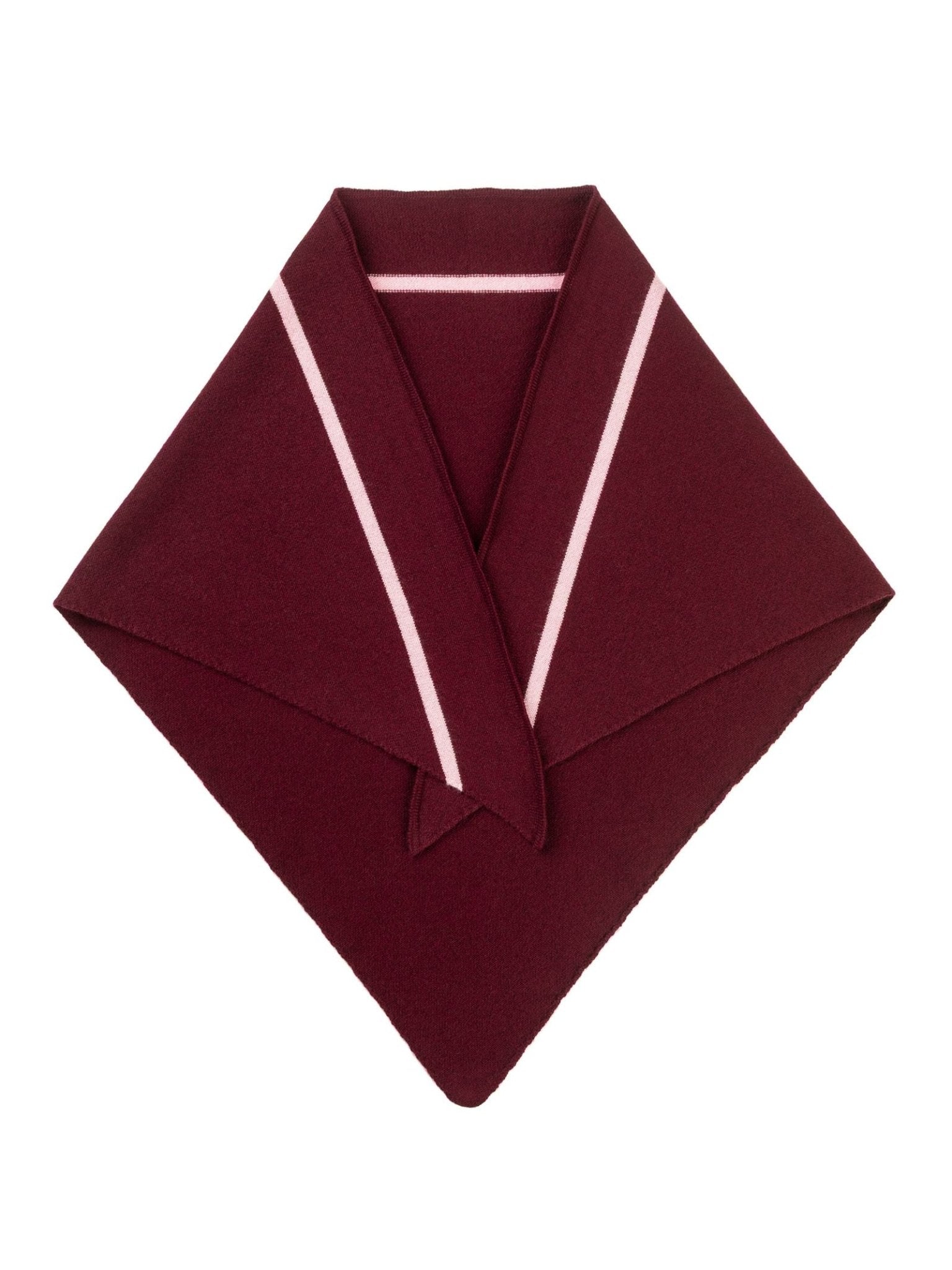 A folded maroon Campbell’s of Beauly Cashmere Neckerchief with two parallel light pink stripes, laid on a white background, offers both style and sophistication.