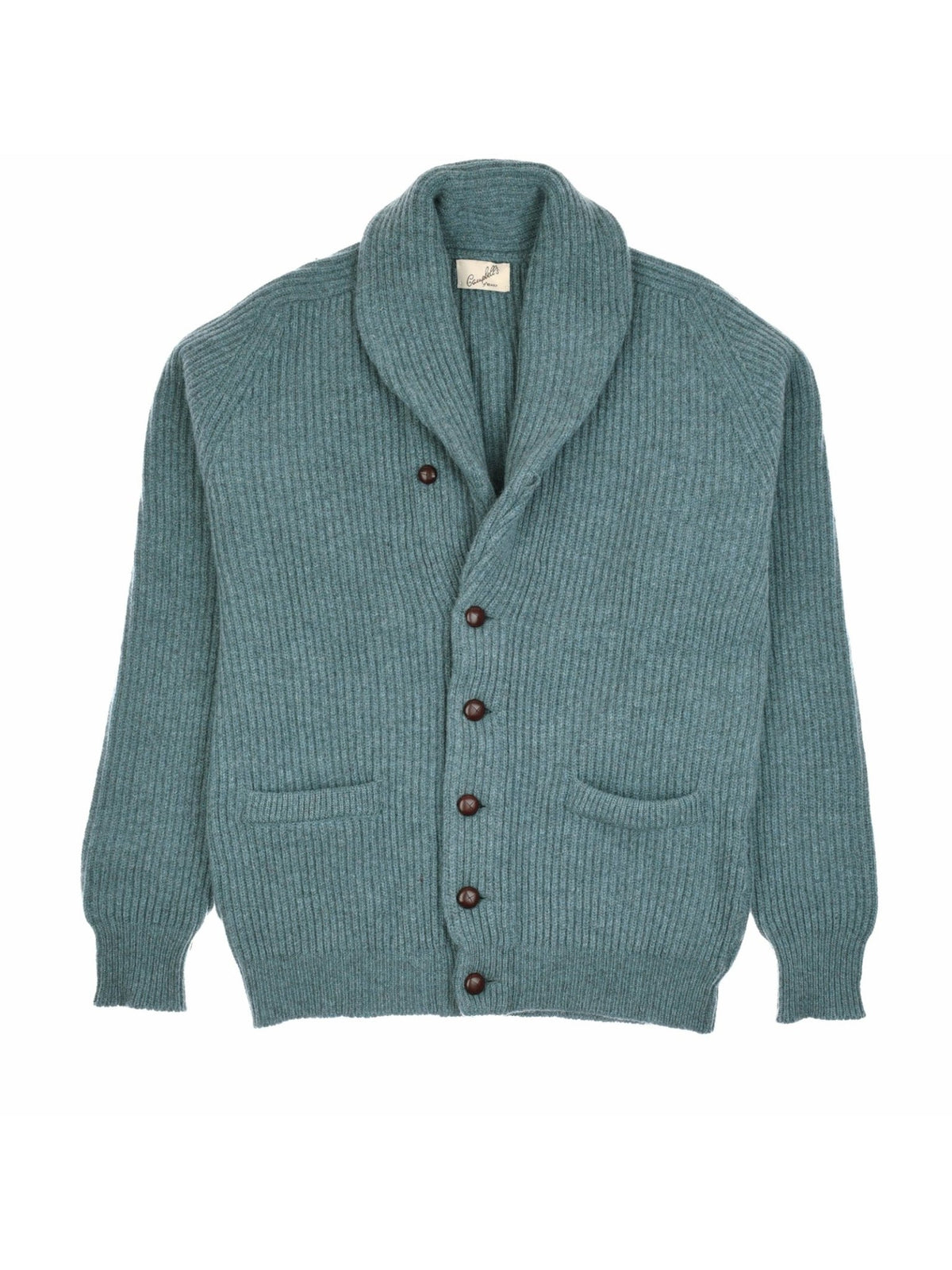 The Campbell’s of Beauly Cashmere Shawl Collar Cardigan is a teal, ribbed button-up featuring dark buttons, a shawl collar, and two front pockets. Crafted from luxurious Scottish cashmere, it is shown laid flat on a white background.