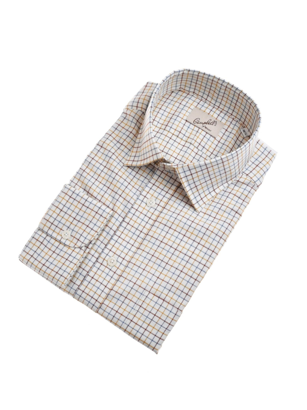 The Campbell’s of Beauly Country Check Classic Collar Shirt features a white base adorned with a neatly folded windowpane grid pattern in blue, yellow, and brown. This long-sleeve button-up shirt offers white buttons, a pointed collar, and evokes the timeless charm of a country shirt.