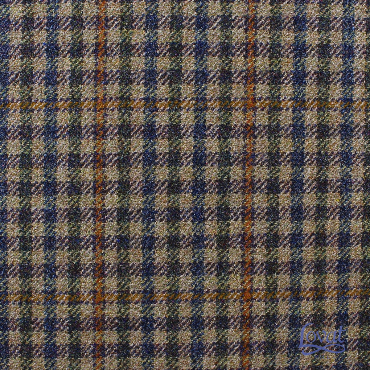 Lovat Mill Estate Tweed 001 in a heavyweight tan, navy blue, and orange plaid pattern.