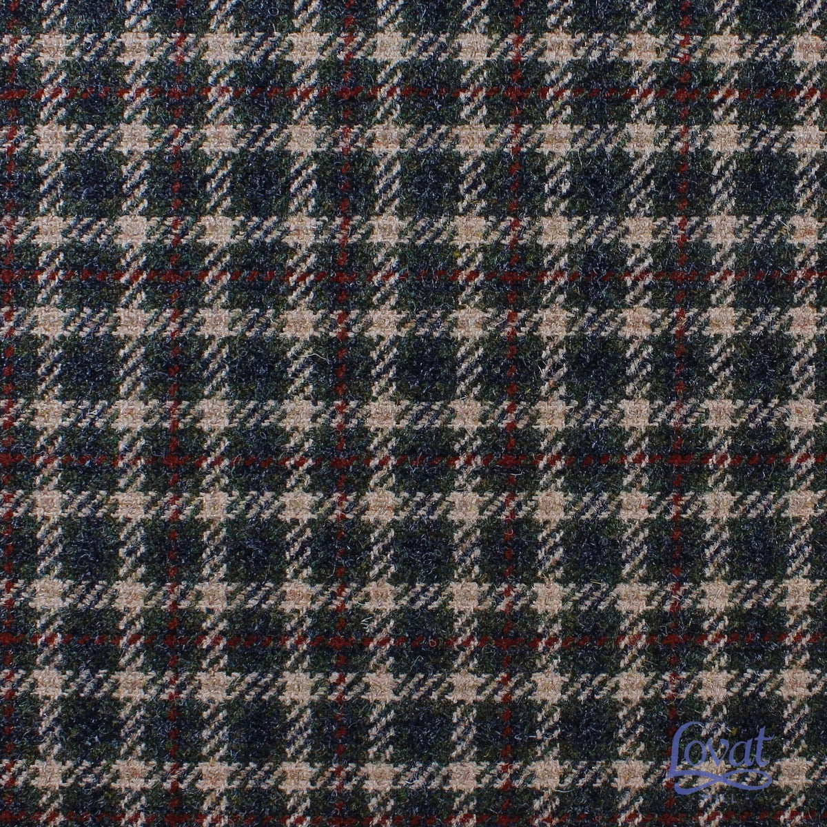 Lovat Mill Estate Tweed 003 heavyweight dark green, tan, and red estate tweed fabric.