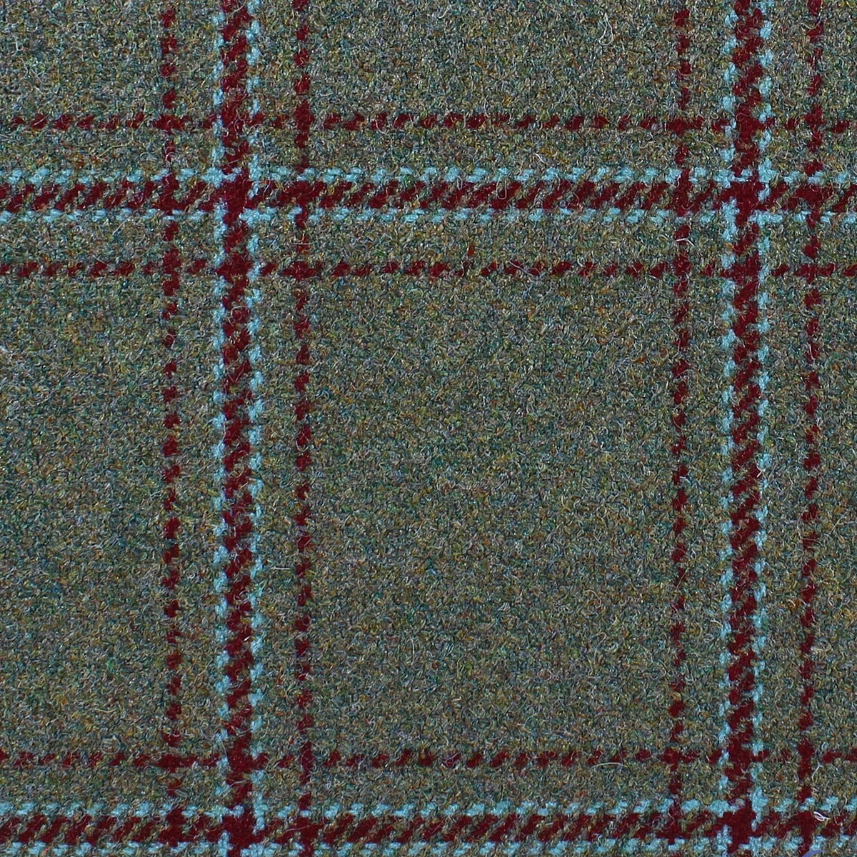 Estate Tweed 013 heavyweight olive green wool fabric featuring a dark red and light blue windowpane check pattern.
