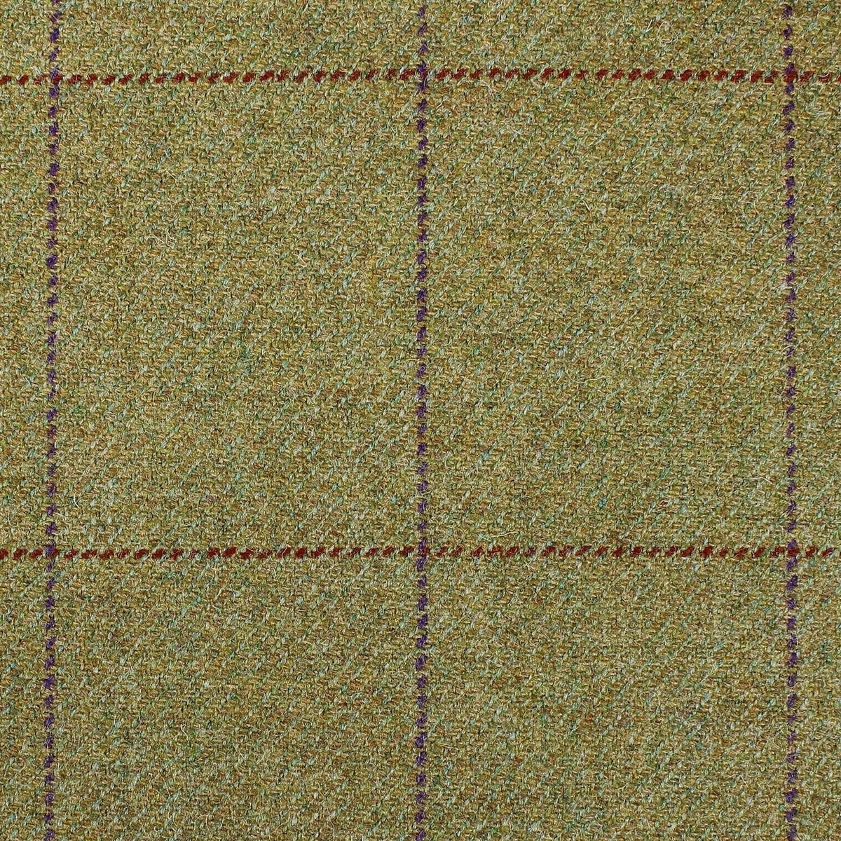 Estate Tweed 018 heavyweight olive green sporting cloth with a subtle purple and rust-colored windowpane check pattern.