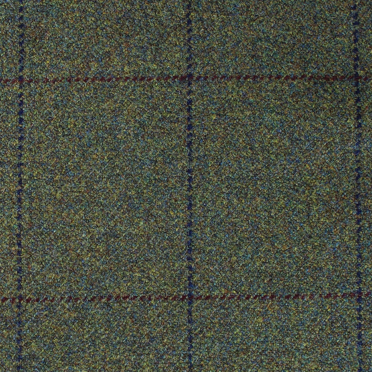 Estate Tweed 020 heavyweight wool green tweed fabric with a large windowpane check pattern in dark blue and deep red.
