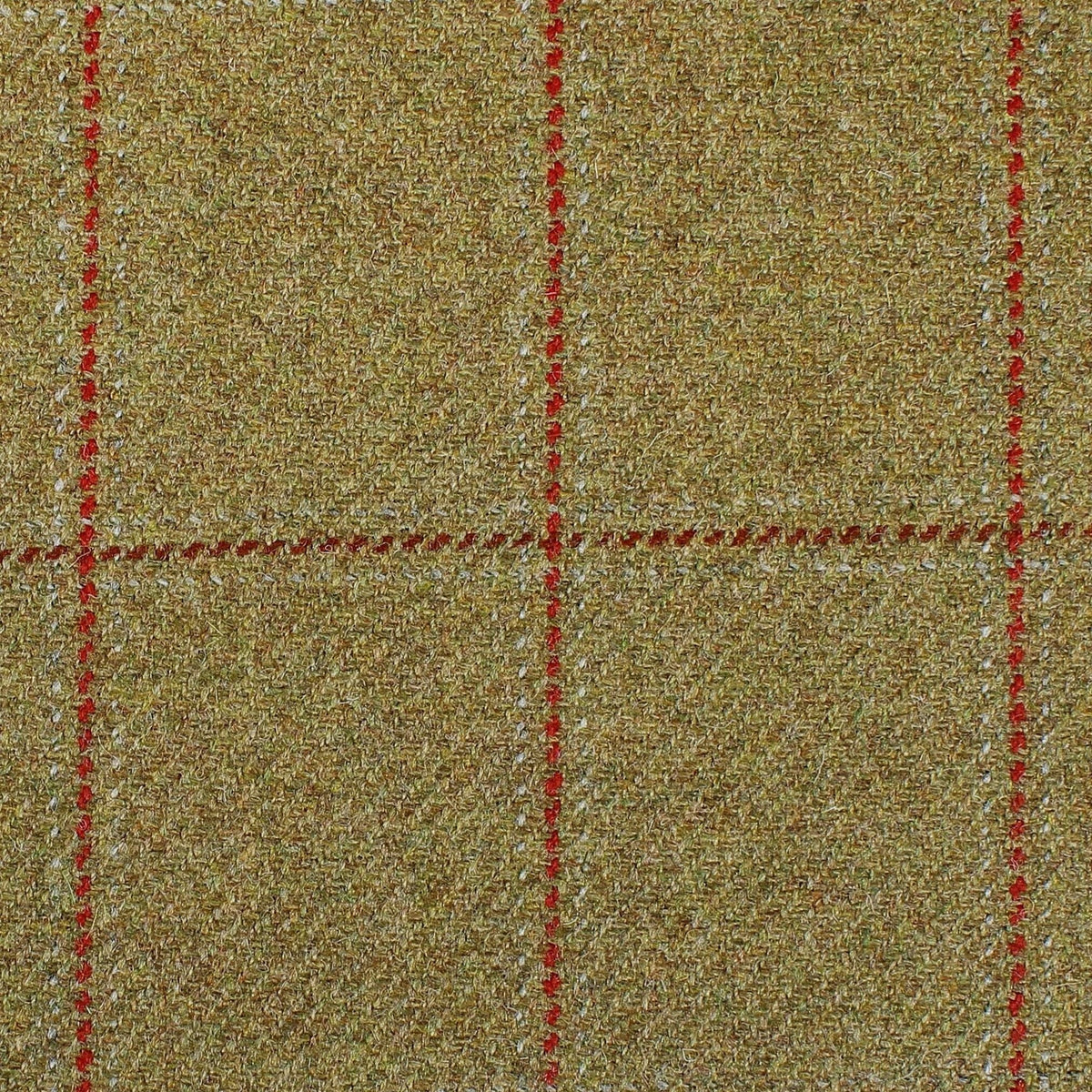 Lovat Mill Estate Tweed 026 olive green estate weight tweed fabric with a red and off-white windowpane check pattern, made in Scotland.