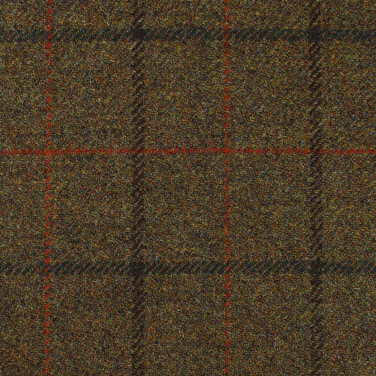 Lovat Mill Estate Tweed 028 heavyweight olive green estate tweed fabric with a dark brown and red plaid pattern.