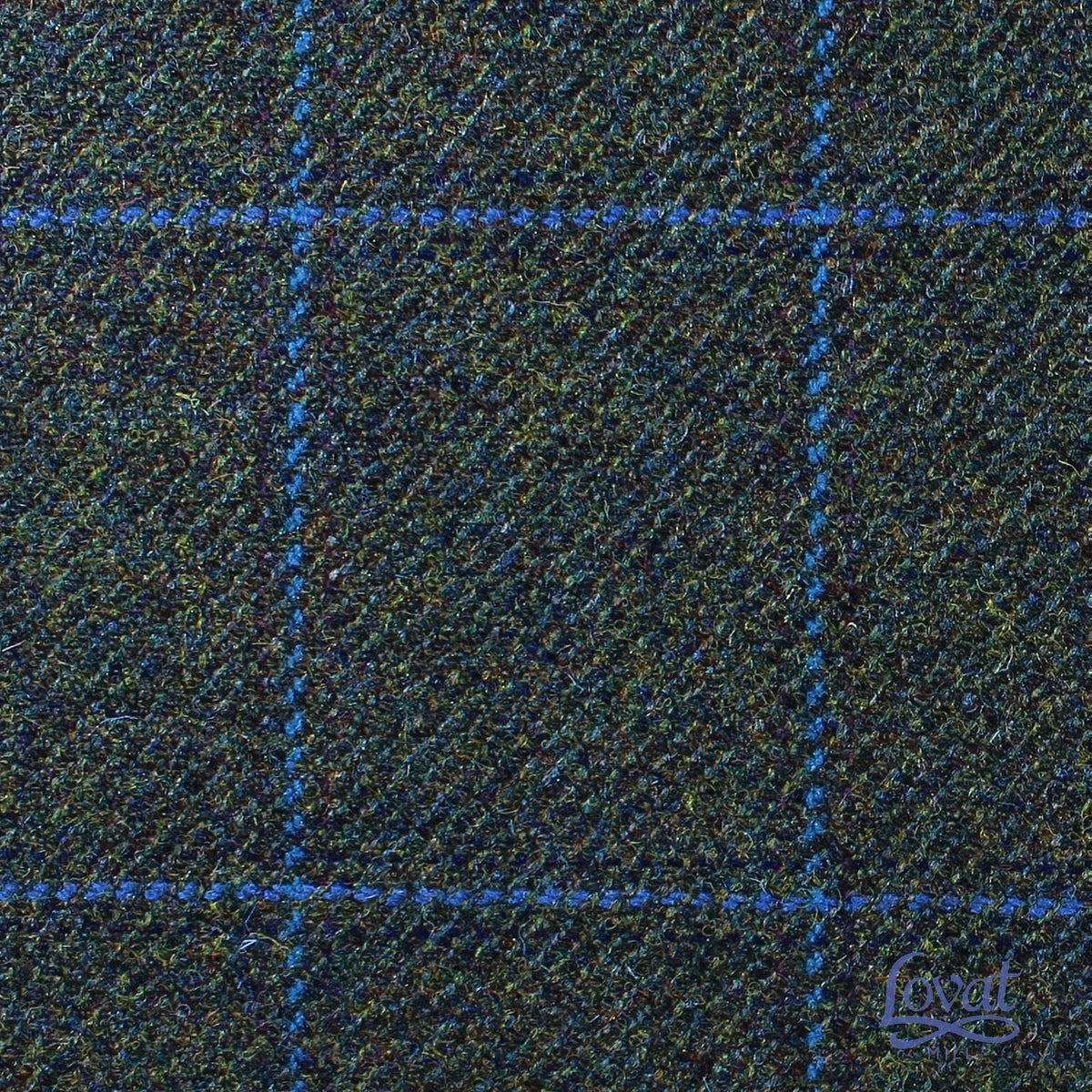 Estate Tweed 030 in heavyweight dark green Scottish wool tweed featuring a subtle blue windowpane check pattern.