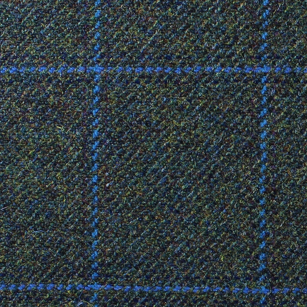 Lovat Mill Estate Tweed 030 heavyweight estate tweed in dark green and brown with a blue overcheck pattern.