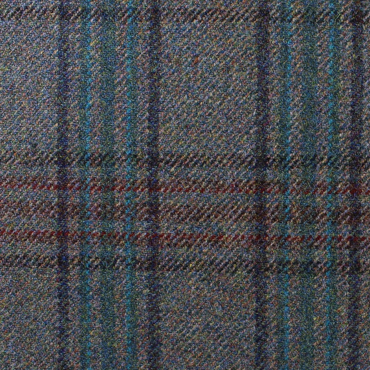 Lovat Mill Estate Tweed 032 in a dark green, blue, and brown plaid pattern with subtle flecks of color.