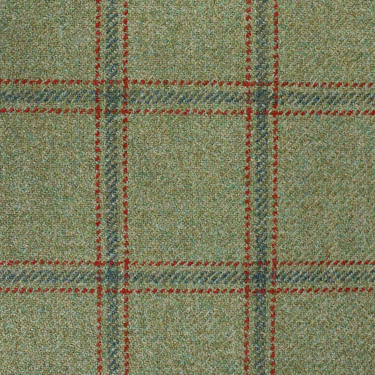 Estate Tweed 043 heavyweight wool tweed in green with a large-scale plaid pattern in red and dark blue.