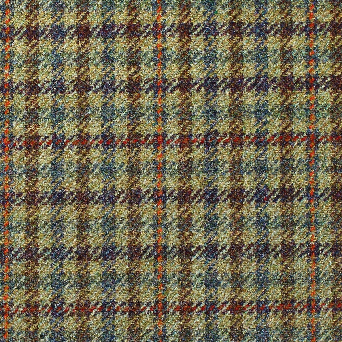 Estate Tweed 047 heavyweight wool tweed in a multi-colored plaid pattern featuring shades of olive green, navy blue, and thin orange overcheck lines.