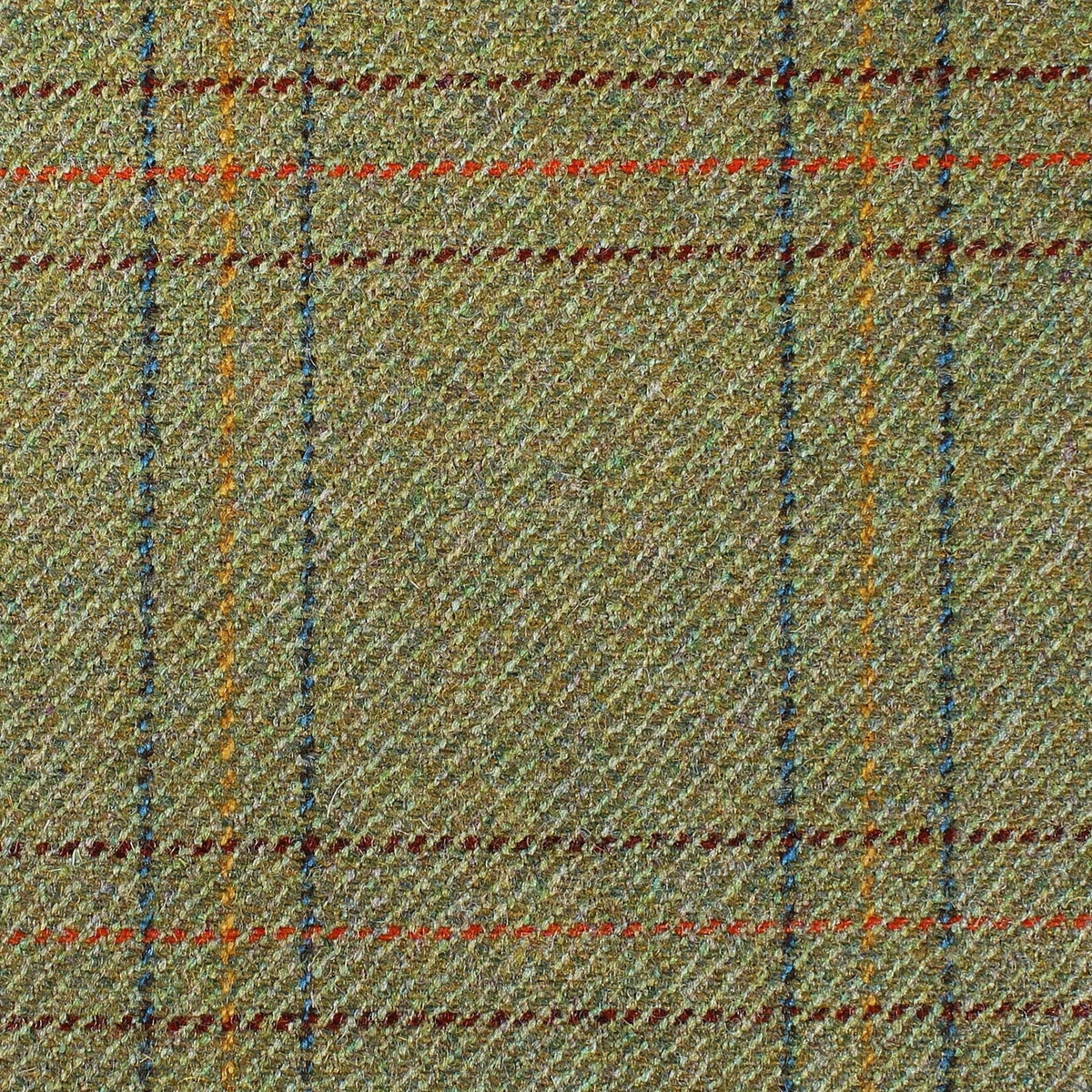 Lovat Mill Estate Tweed 048 olive green wool fabric with a multi-colored plaid pattern of thin red, blue, and yellow lines.