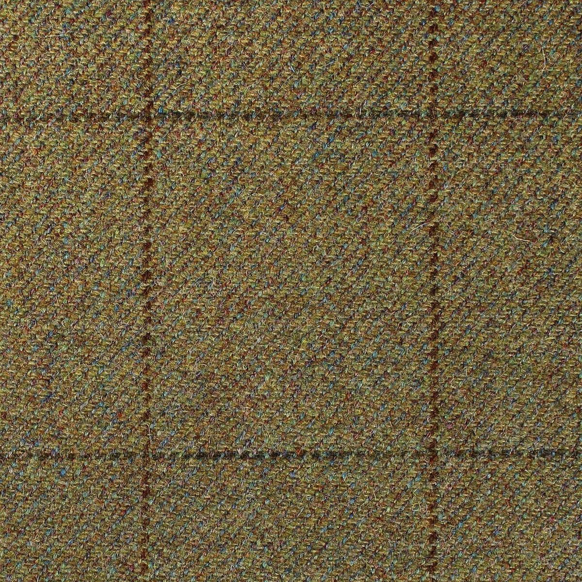 Estate Tweed 049 in a heavyweight sporting olive green tweed fabric featuring a subtle dark brown windowpane check pattern.