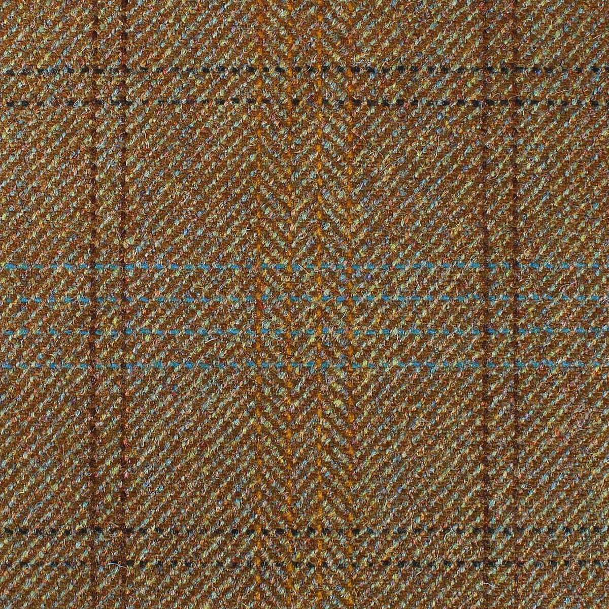 Estate Tweed 050 heavyweight Scottish estate tweed in a brown herringbone weave with a subtle windowpane check pattern in dark brown and thin blue lines.