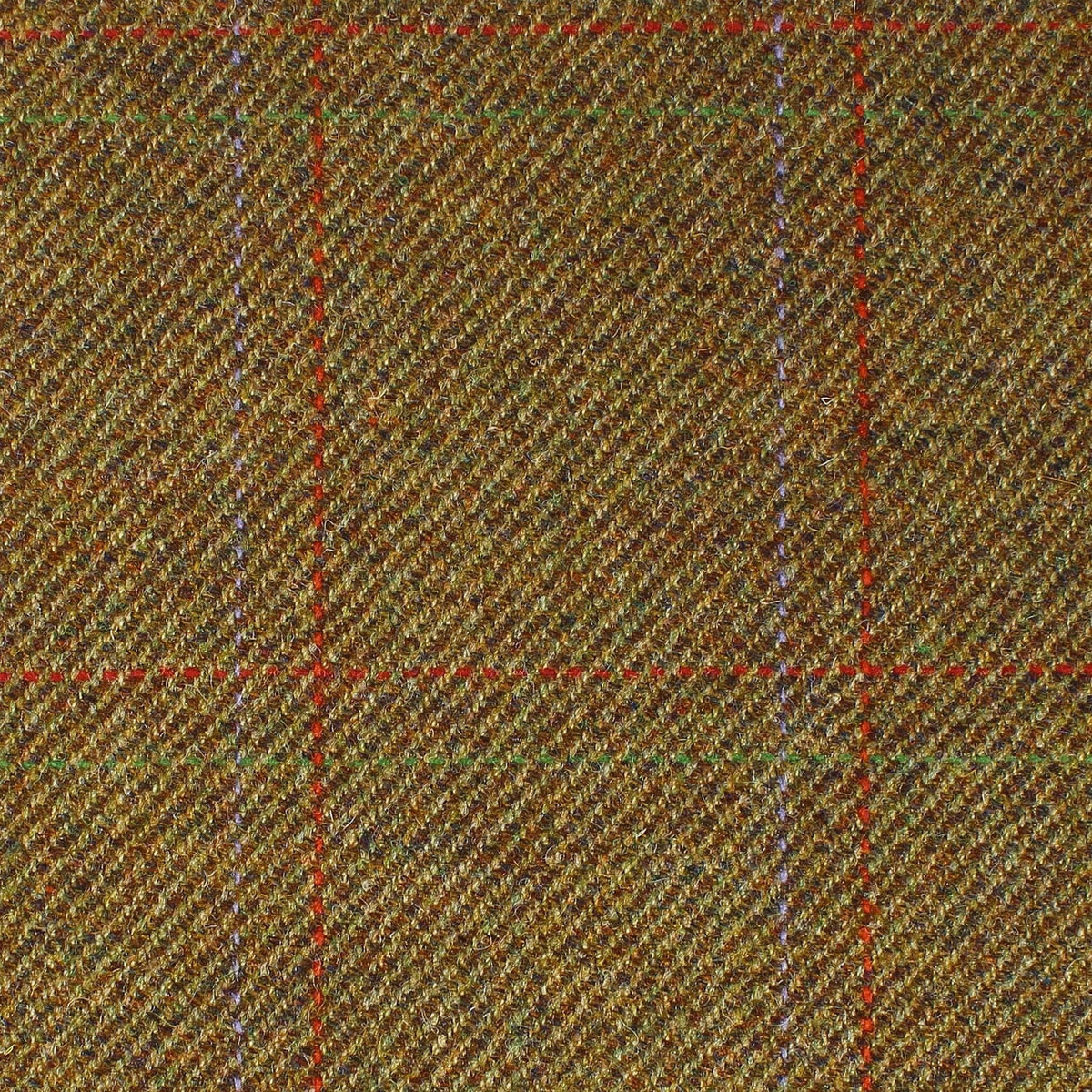 Estate Tweed 051 is an olive green heavyweight wool tweed with a diagonal twill weave and a subtle plaid pattern of thin red and light blue lines, evocative of traditional sporting cloth.