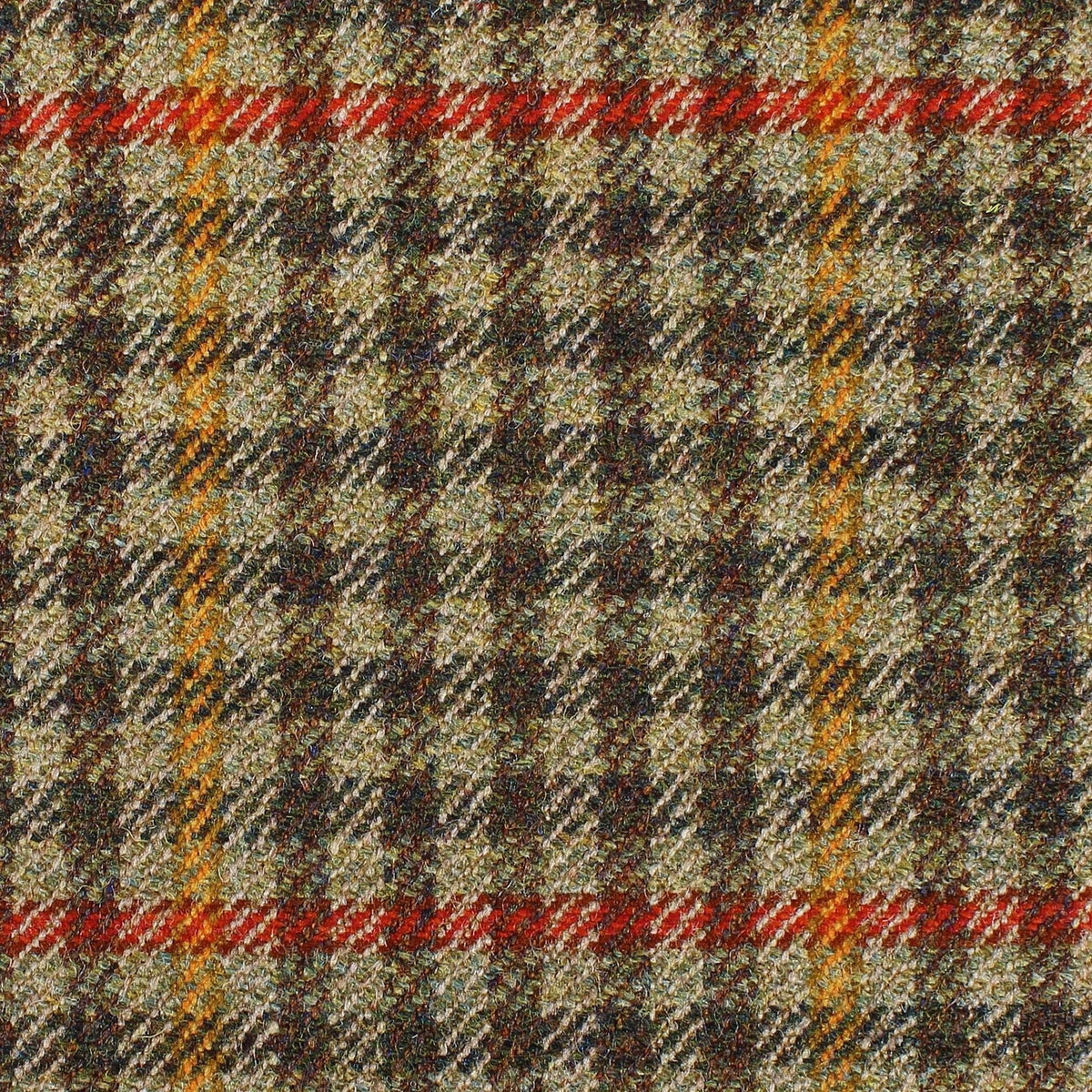 Estate Tweed 057 is a heavyweight estate tweed in a brown, green, and tan plaid pattern with thin red and orange stripes.