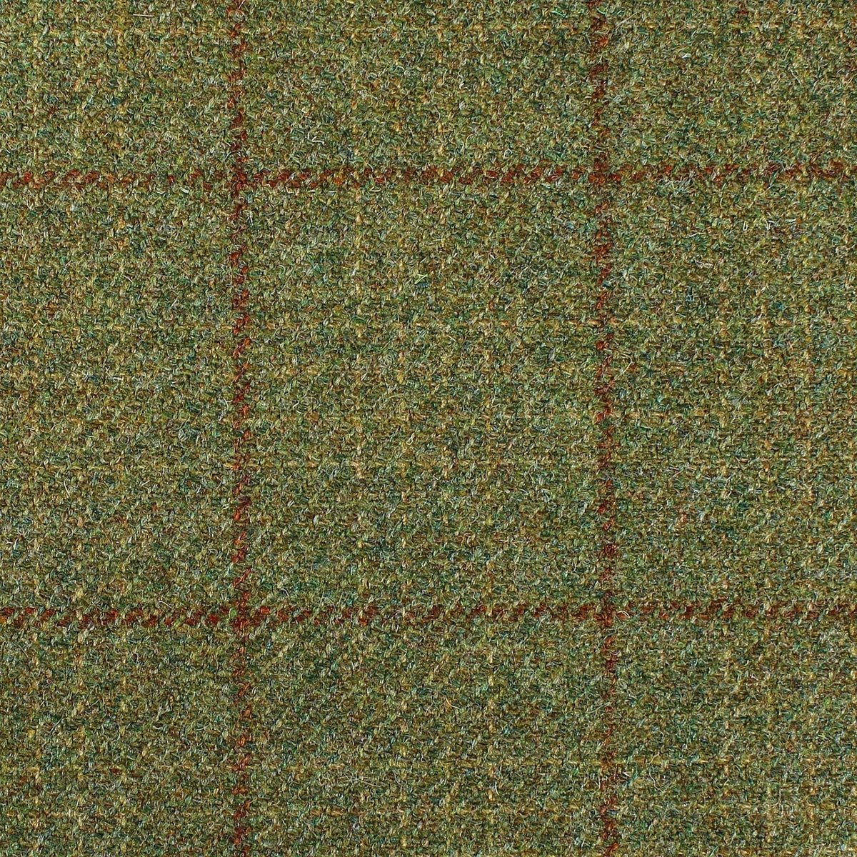 Estate Tweed 058 green heavyweight wool fabric in an estate tweed pattern with a subtle rust orange windowpane check.