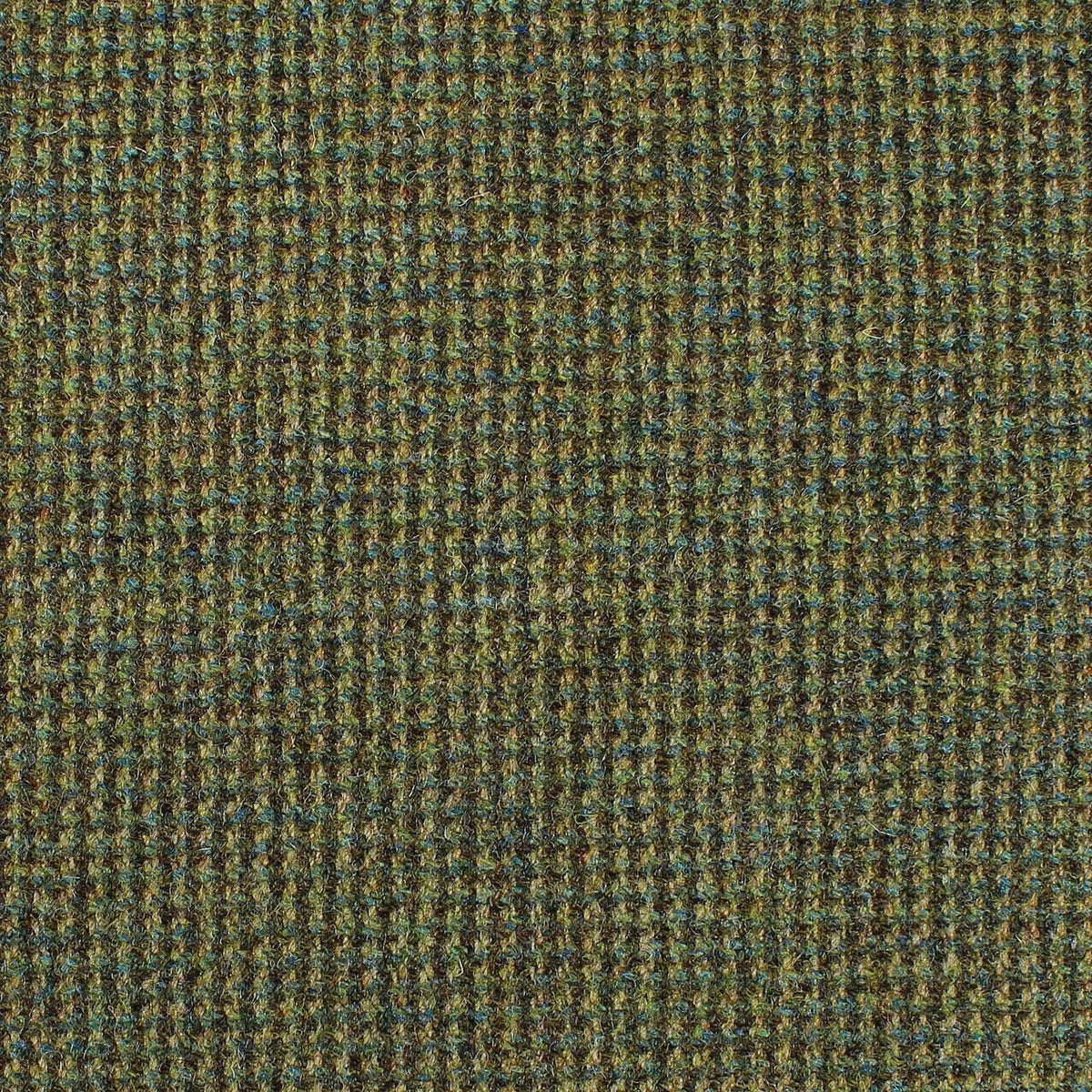 Close-up of Lovat Mill Estate Tweed 059 heavyweight estate tweed fabric in green and brown with a small-scale textured weave.