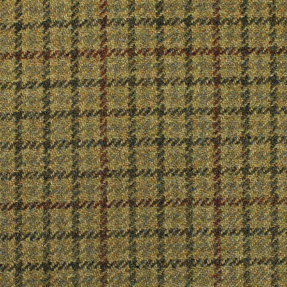 Estate Tweed 063 olive green heavyweight wool tweed fabric featuring a brown and dark green windowpane plaid pattern in a traditional sporting cloth.