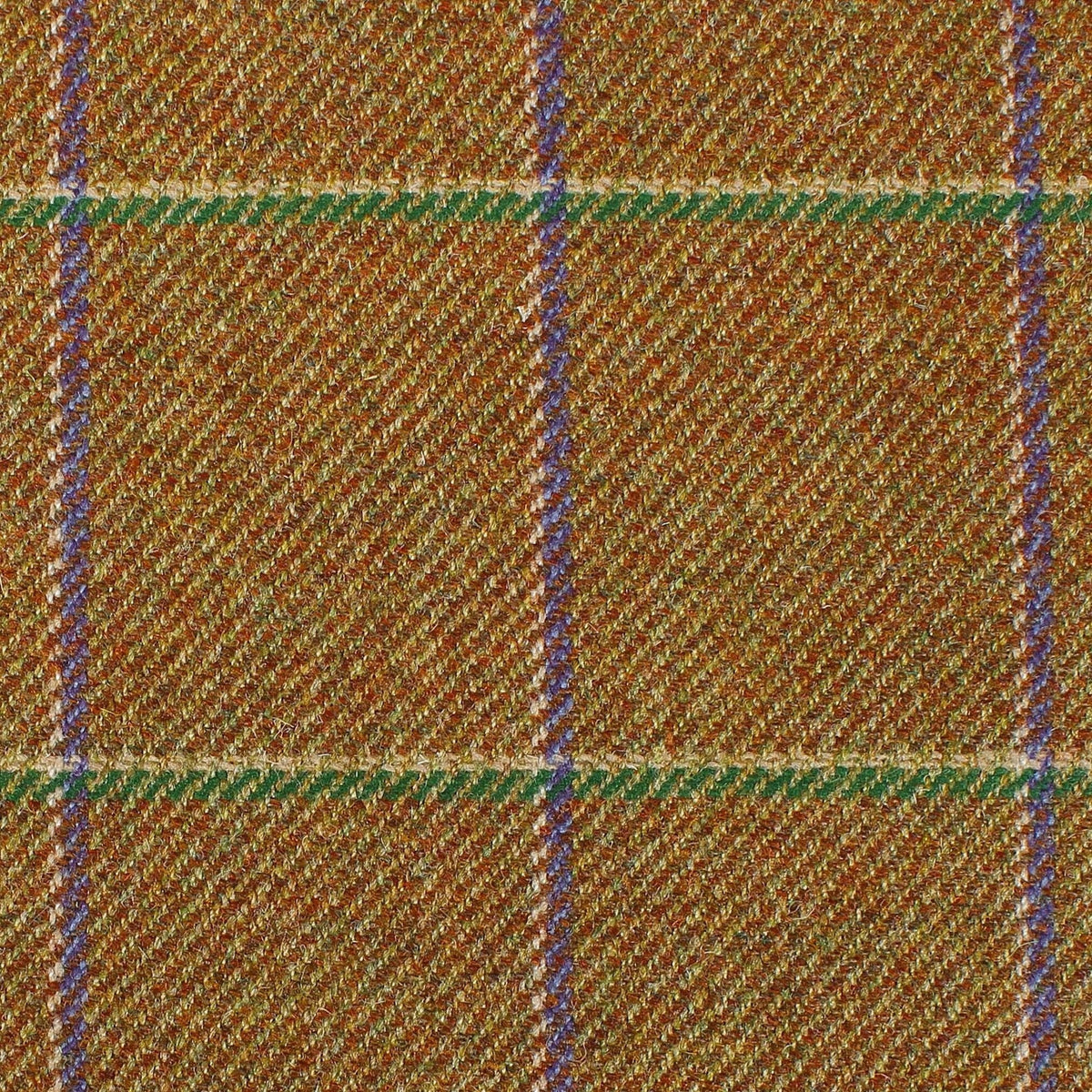 Estate Tweed 064 is a heavyweight estate tweed in brown with a purple and green windowpane check pattern.