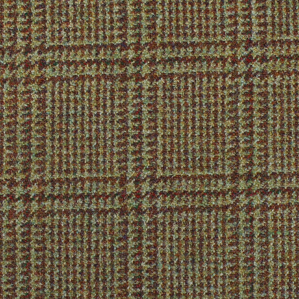 Lovat Mill Estate Tweed 066 heavyweight olive green estate tweed fabric featuring a brown and rust-colored windowpane plaid pattern.