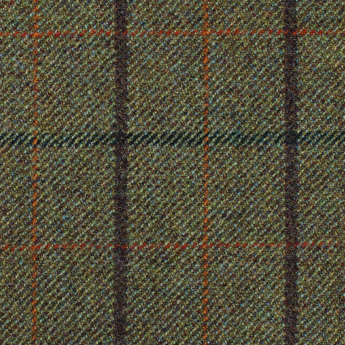Lovat Mill Estate Tweed 067 heavyweight olive green estate tweed featuring a dark brown and rust orange windowpane check pattern.