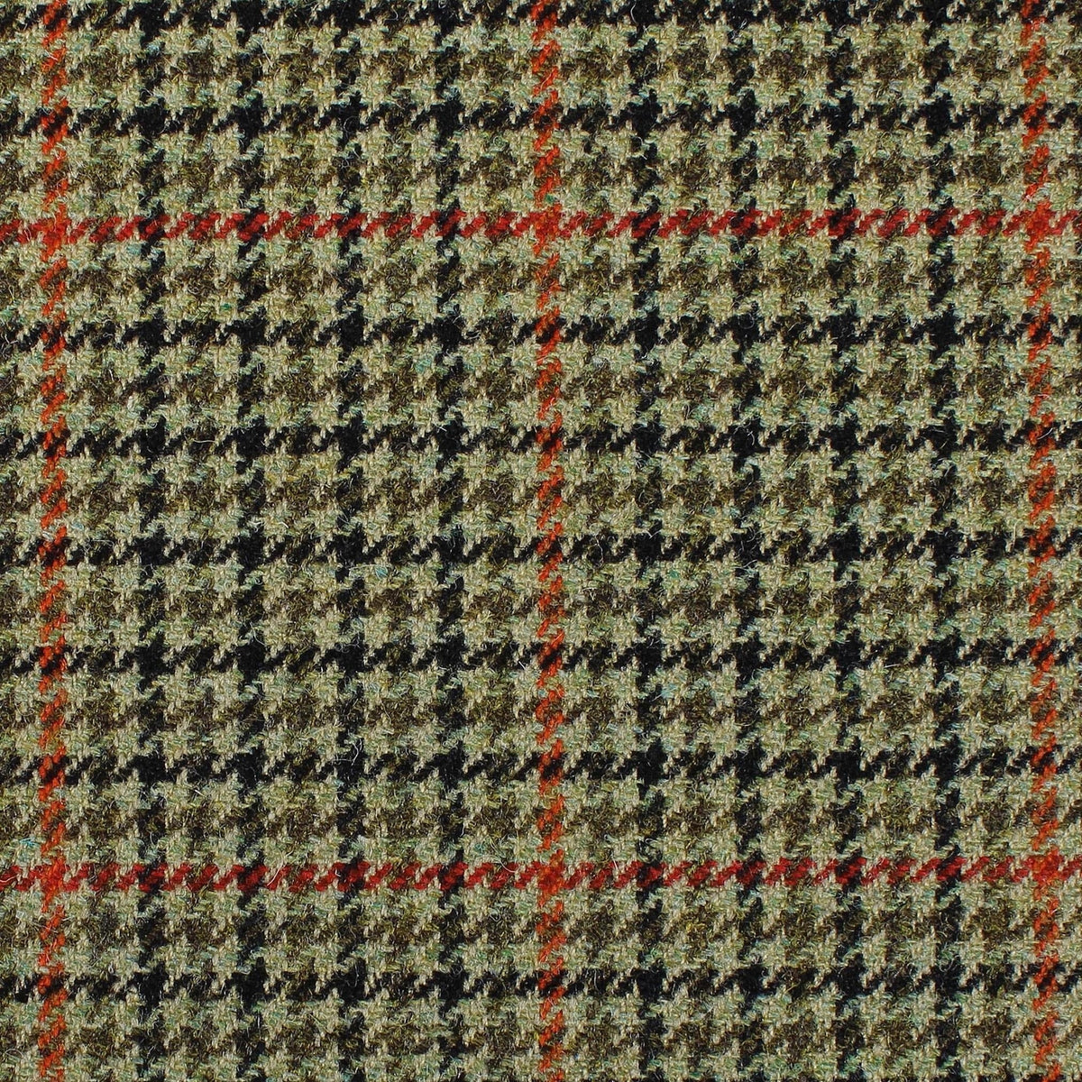 Estate Tweed 068 heavyweight wool in an olive green, brown, and black houndstooth pattern with a red and brown overcheck.